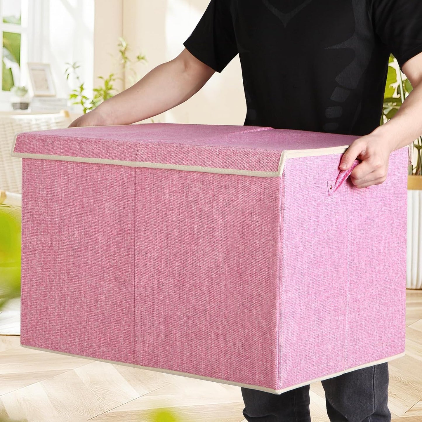 122L Large Toy Box Chest with Lid, Foldable Toy Storage Organizer Bin Boxes with Removable Divider for Kids, Boys, Girls, Nursery, Playroom, 26"x17" x17"(Linen Pink)