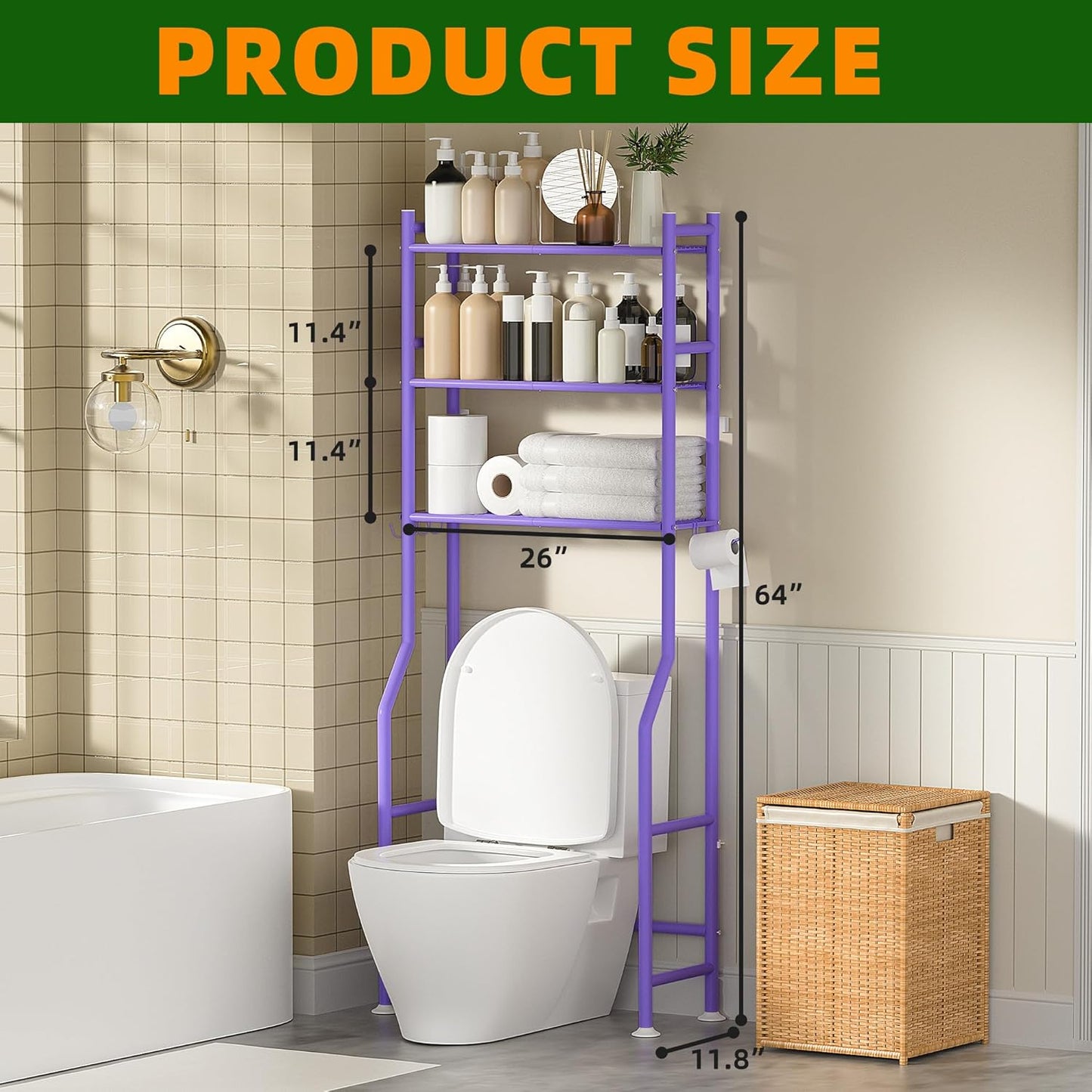 3-Tier Over The Toilet Storage, Space Saver Metal Bathroom Shelves, Freestanding Above Over Toilet Storage Shelf with 4 Hooks for Bathroom, Purple