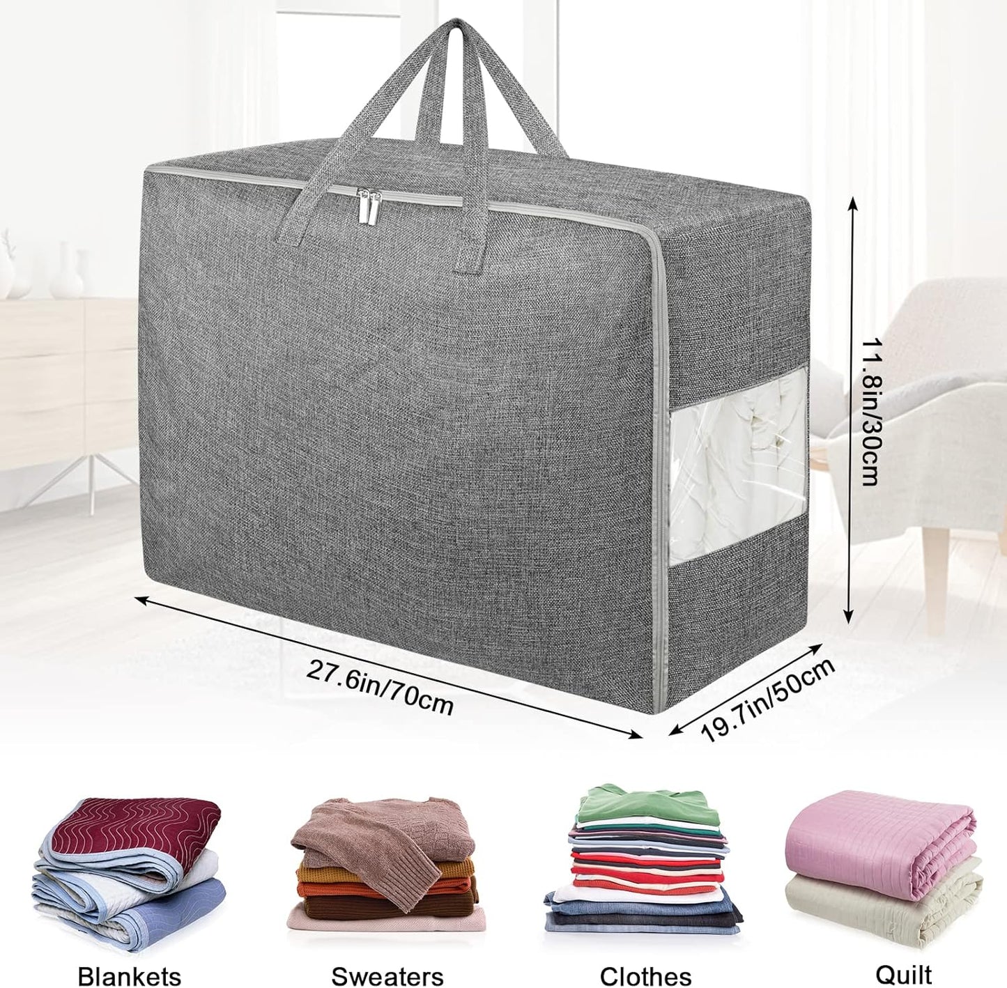 6Pack 105L Extra Large Storage Bags, Folding Moving Comforter Blanket Storage Bags Closet Organizers and Storage Containers for Clothes with Strong Handles&Zippers Clear Window for Bedding Pillow Grey