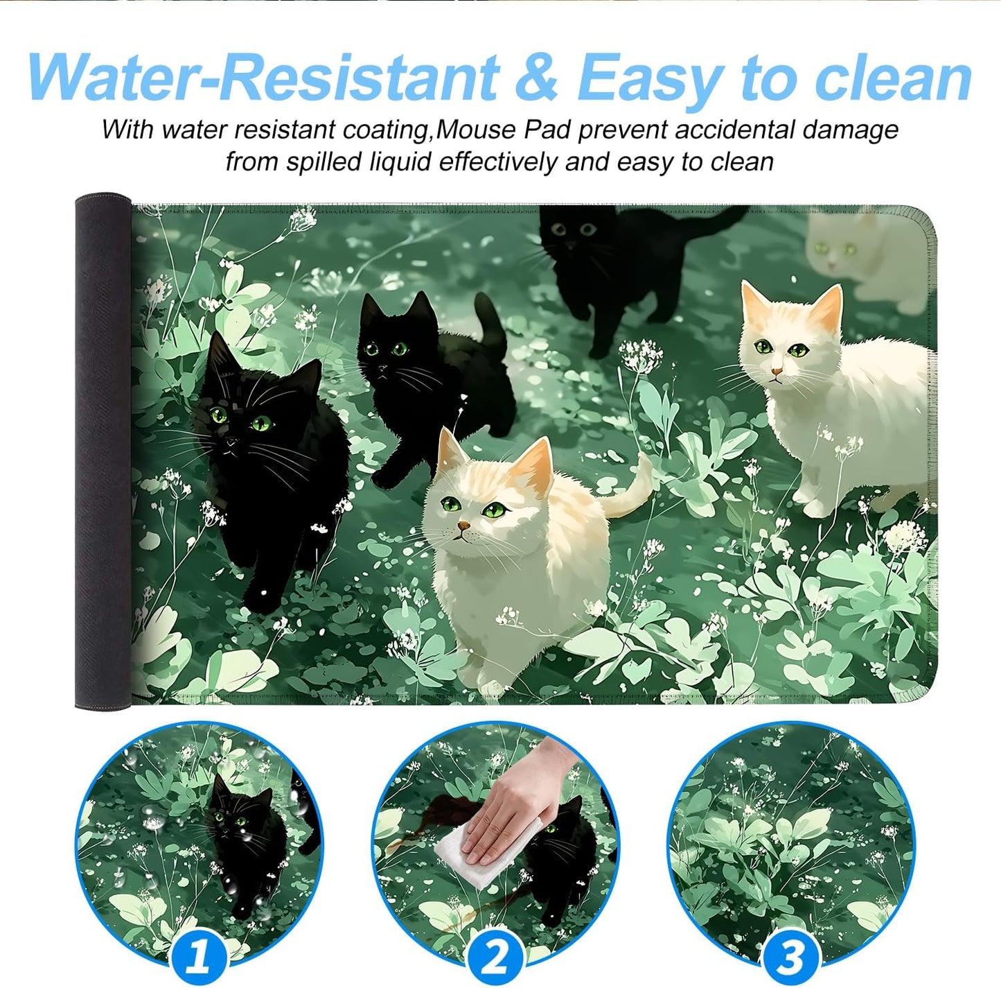 Cute Cat Mouse Pad Large Gaming Desk Mat - Kawaii Black and White Cats in Green Forest, Extended XL Mousepad with Non-Slip Rubber Base for Office, Home, PC, Laptop