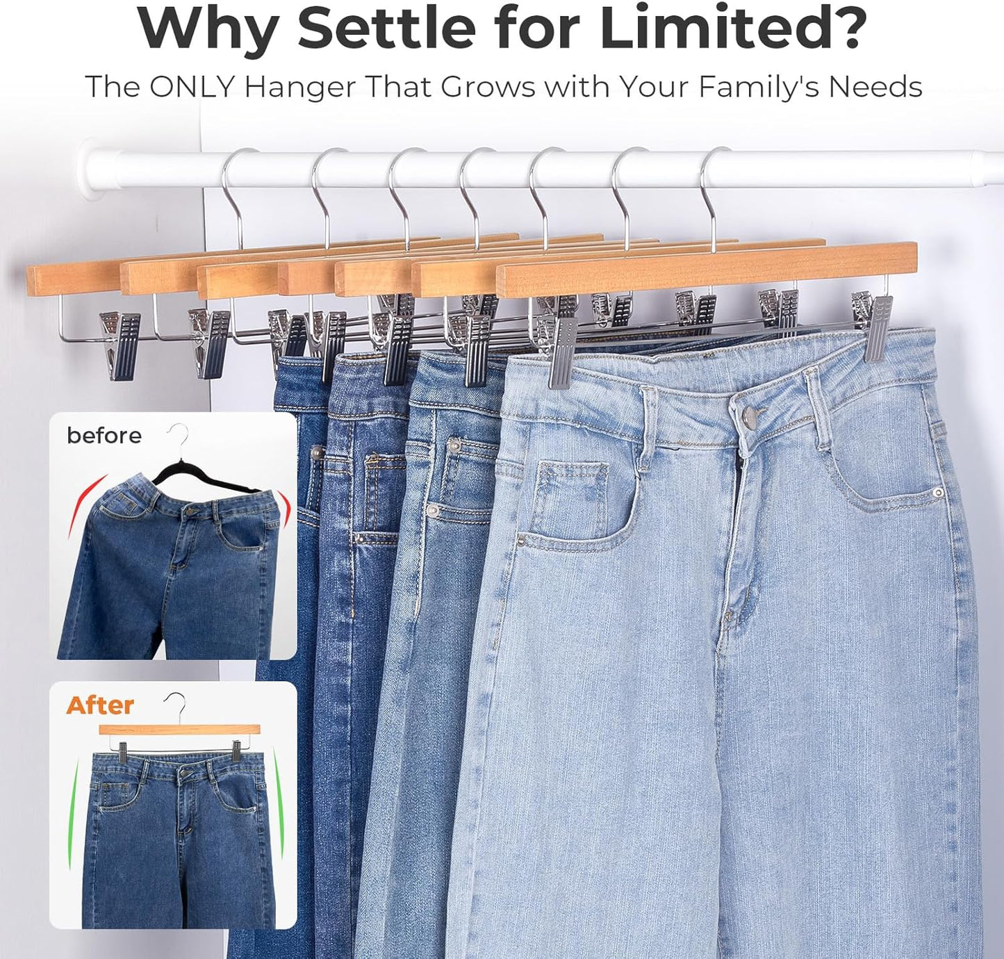 HOUSE DAY Premium Wooden Pants Hangers 100 Pack, Solid Lotus Wood Skirt Hangers with 2-Adjustable Clips, Heavy Duty & Anti Slip Wood Bottom Hanger for Slacks, Jeans, Trousers, Shorts (Natural)