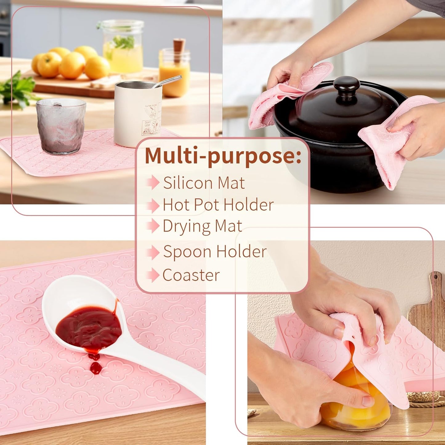 LEHAHA Melamine Serving Tray with Handles, 17.25 x 12 Inch Aesthetic Serving Platters and Trays with Curved Sides, Tray for Lunch, Coffee, or Breakfast, 4pcs Set, Silicone placemats Included,Pink