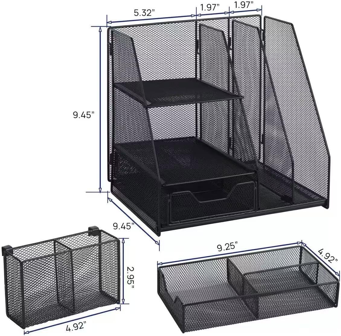 Black Mesh Desk Organizer Set, 3-in-1 Office Organizer with File Holder, Drawer & Accessories Tray, Multi-functional Desktop Storage for Stationery, Documents, Home & Office