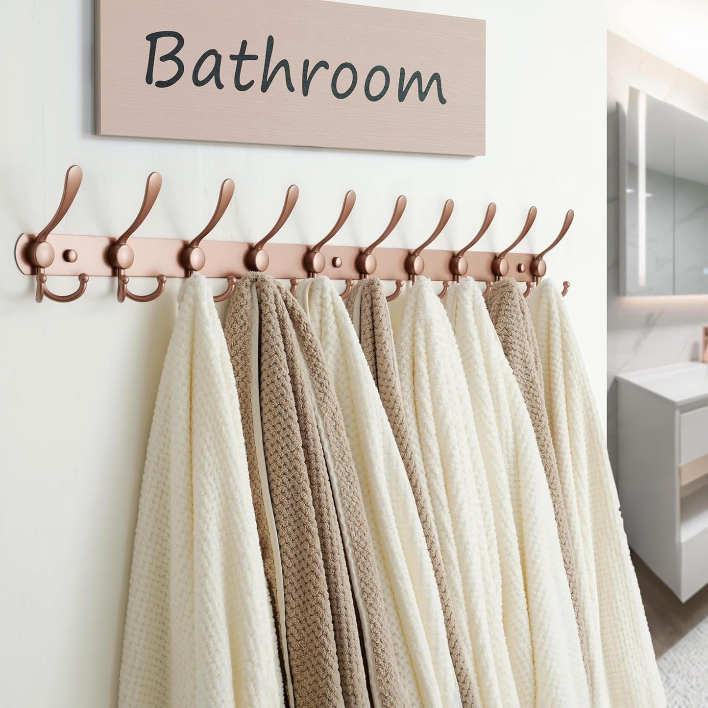 Dseap Coat Rack Wall Mount - 38” Long 10-Tri-Hooks Heavy Duty Coat Hanger Rail Wall Hooks for Hanging Coats Hats Clothing Clothes Purse Mudroom Entryway, Rose Gold, Pack of 2