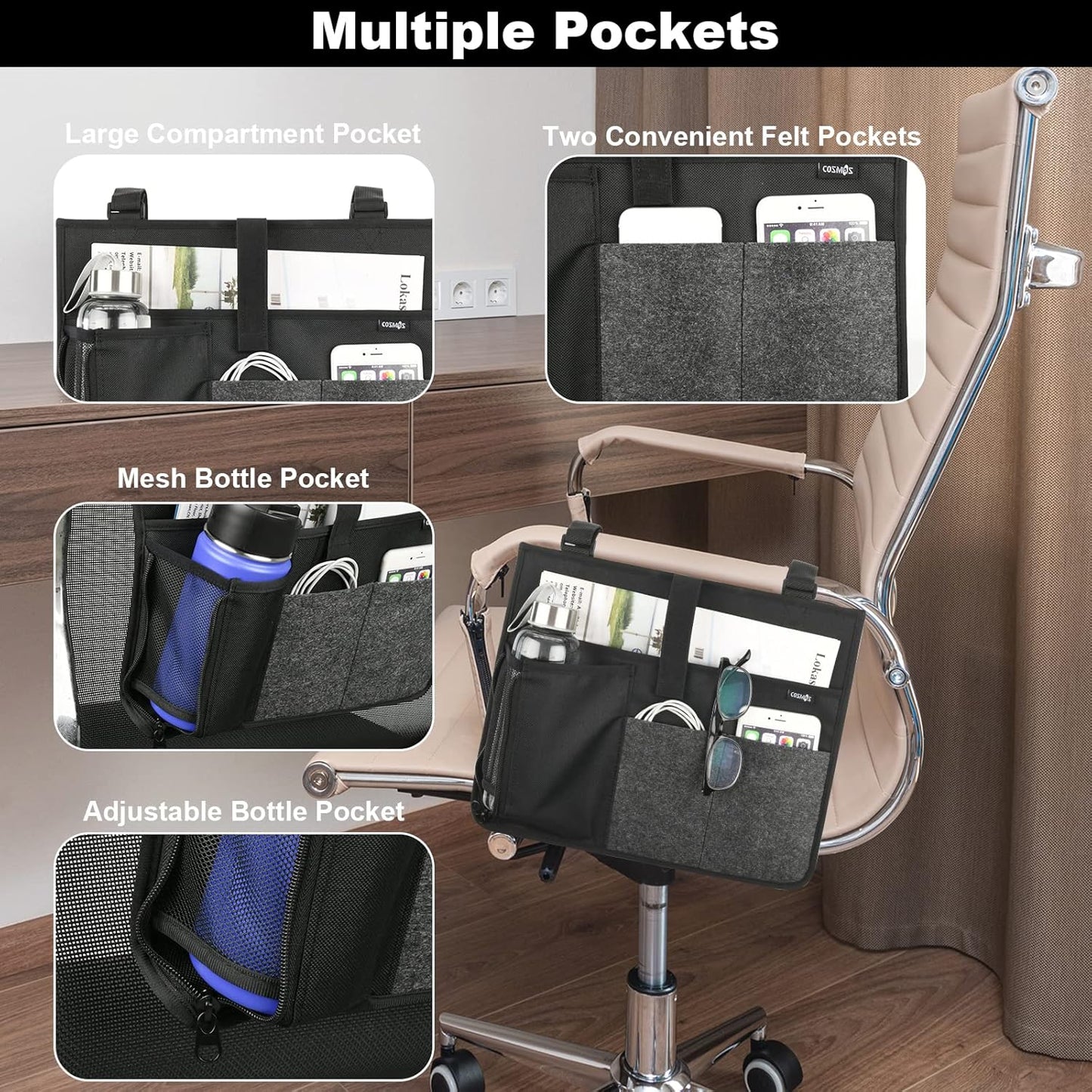 Cosmos Armrest Chair Side Organizer Bedside Caddy Organizer Bed Buk Storage Bag Armchair Wheelchair Hanging Side Pocket Bag for Ipad, Tablet, Cellphone, Remote Control, Magazines, Books & Water Bottle