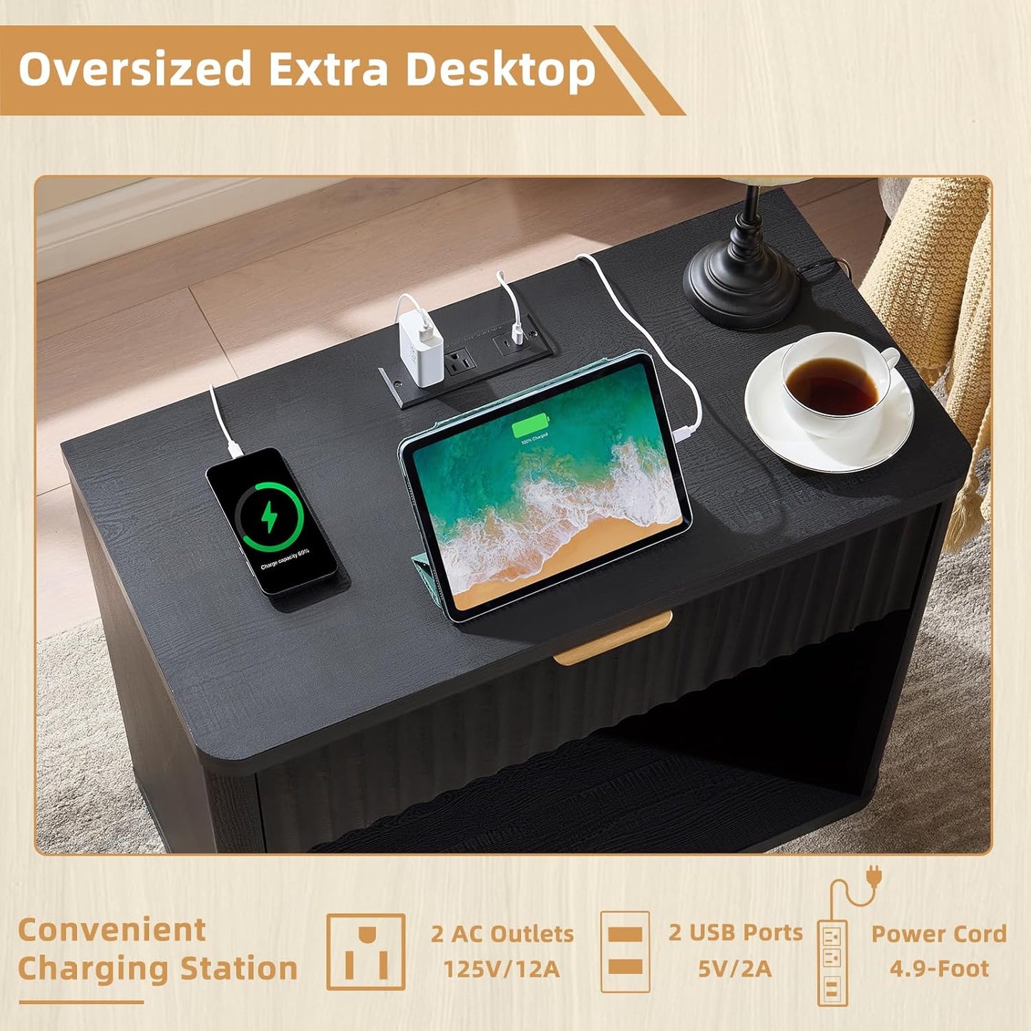 LEYAOYAO 31" Wide Fluted Nightstand with Charging Station, Oversized Extra Large 1 Drawer Night Stand with Golden Handle, Black Wood Bedside Table Tall End Tables,for Bedroom, Living Room, Hallway
