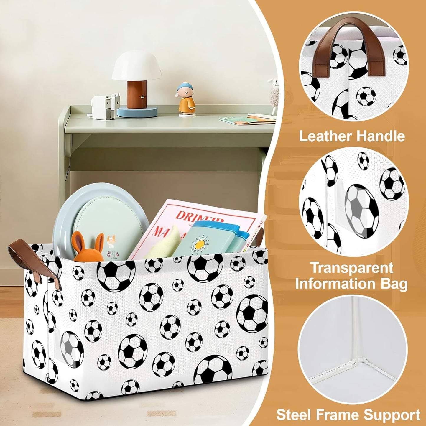 Black Soccer Football Storage Bins with Handles, Collapsible Storage for Clothes, Gift Basket, Blankets & Closet Organization