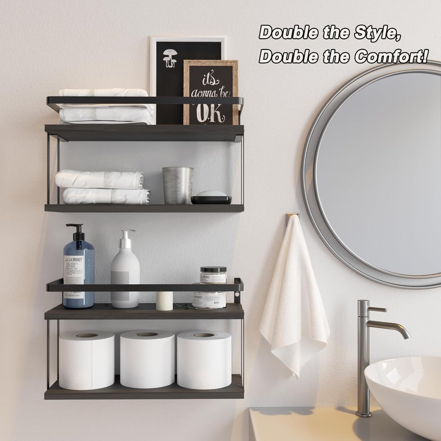 RICHER HOUSE Dual-Level Guardrail Floating Shelves, Rustic Wood Bathroom Shelf Wall Mounted, Over Toilet Paper Storage Shelves for Wall Decor, Bathroom Organizers - Black