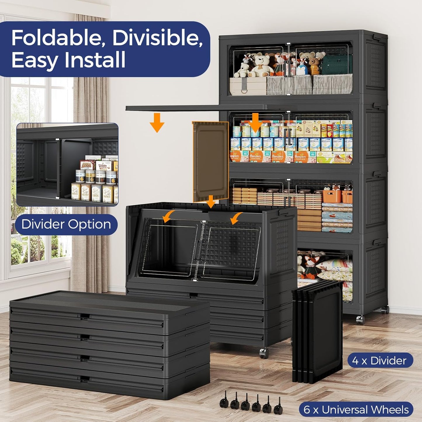 250GAL Extra Large Storage Bins with Lid, 1000Qt Stackable Closet Organizers and Drawers, Collapsible Storage Bins with Wheels, Folding Containers for Home, Kitchen Office, 5Pack Black