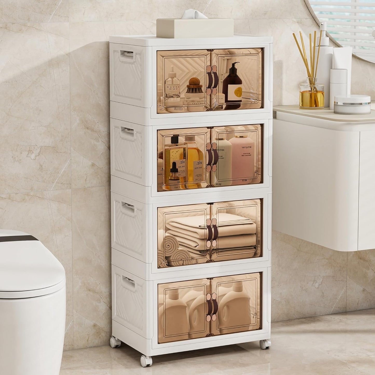 Storage Bins with Lids and Wheels, Collapsible Bathroom Storage Cabinet with Clear Doors, Plastic Stackable Closet Organizers and Storage Containers White 180 QT
