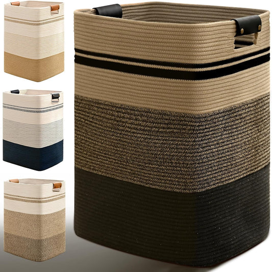 Laundry Hamper, 95L Tall Laundry Basket with Leather Handles, Rectangle Large Clothes Hamper for Organizing, Cotton Woven Laundry Baskets Storage Hampers for Bedroom, Nursery, Living Room