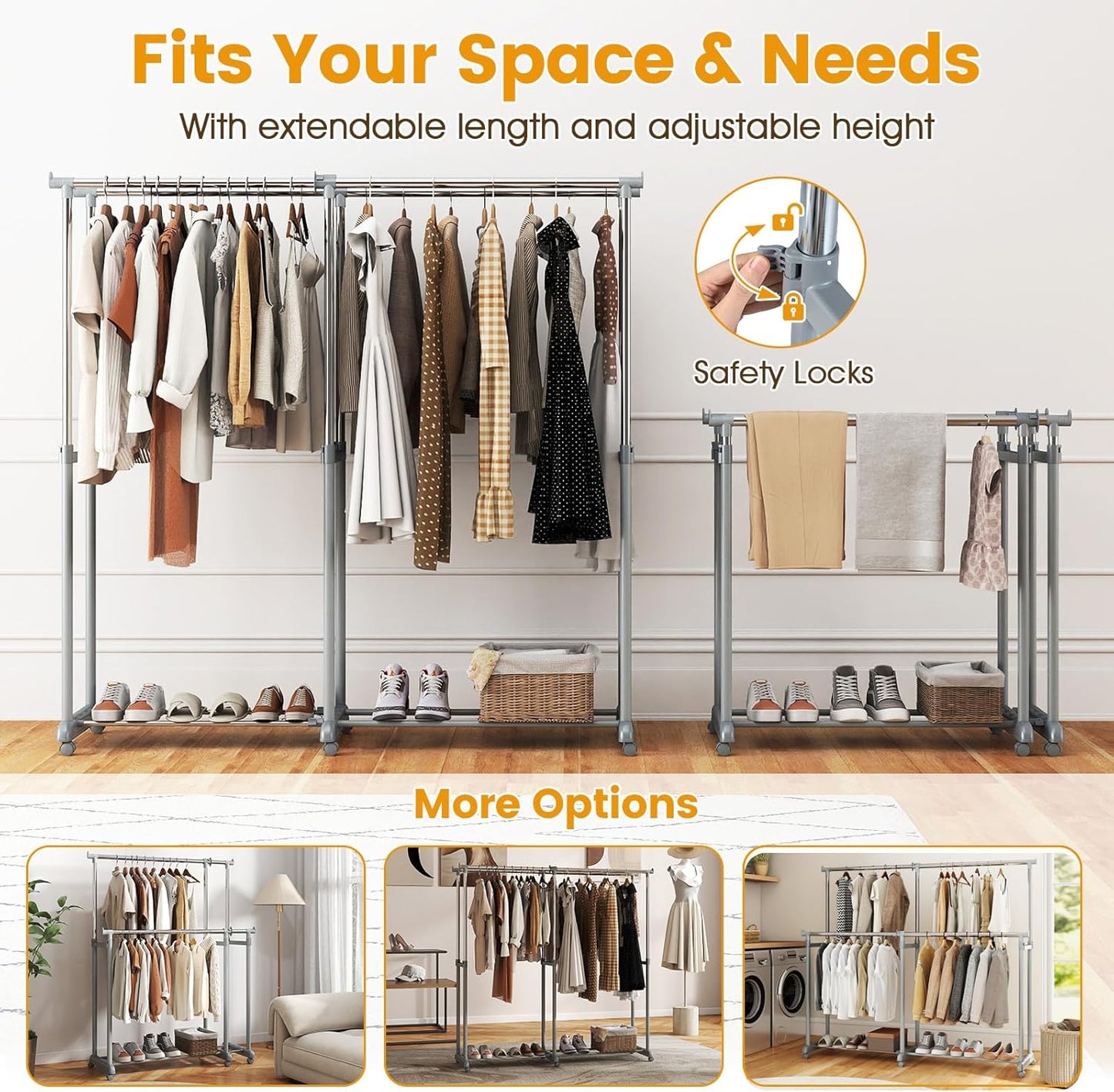 COSTWAY Double Rod Clothing Rack, Heavy-Duty Metal Garment Rack with Extendable Height & Width, Adjustable Rolling Closet Rack for Hanging Clothes with Wheels for Dressing Room, Laundry, Living Room