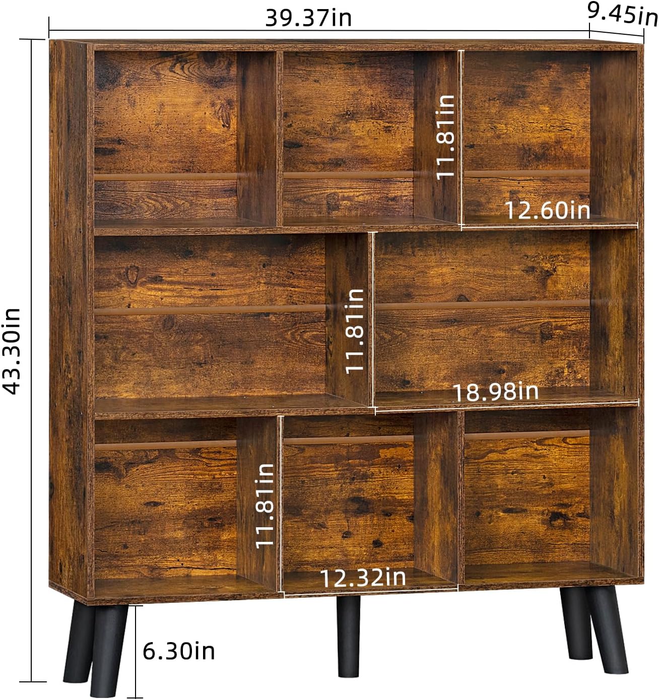 LEYAOYAO 8 Cube Bookshelf,3 Tier Bookcase with Legs,Rustic Brown Mid-Century Modern Bookshelves,Large Open Storage Organizer Shelf, Wooden Book Case