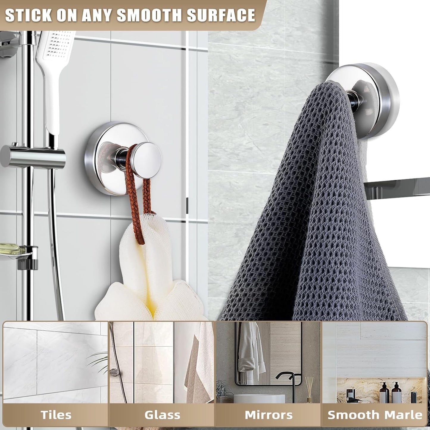 Suction Cup Hooks for Shower No-Drill Bathroom Hooks for Towels, Robes, Loofah Mountable on Bathroom Walls, Kitchen, Glass, Mirrors, Tile and Smooth,Non-Porous Surfaces (2, Chrome Polished)