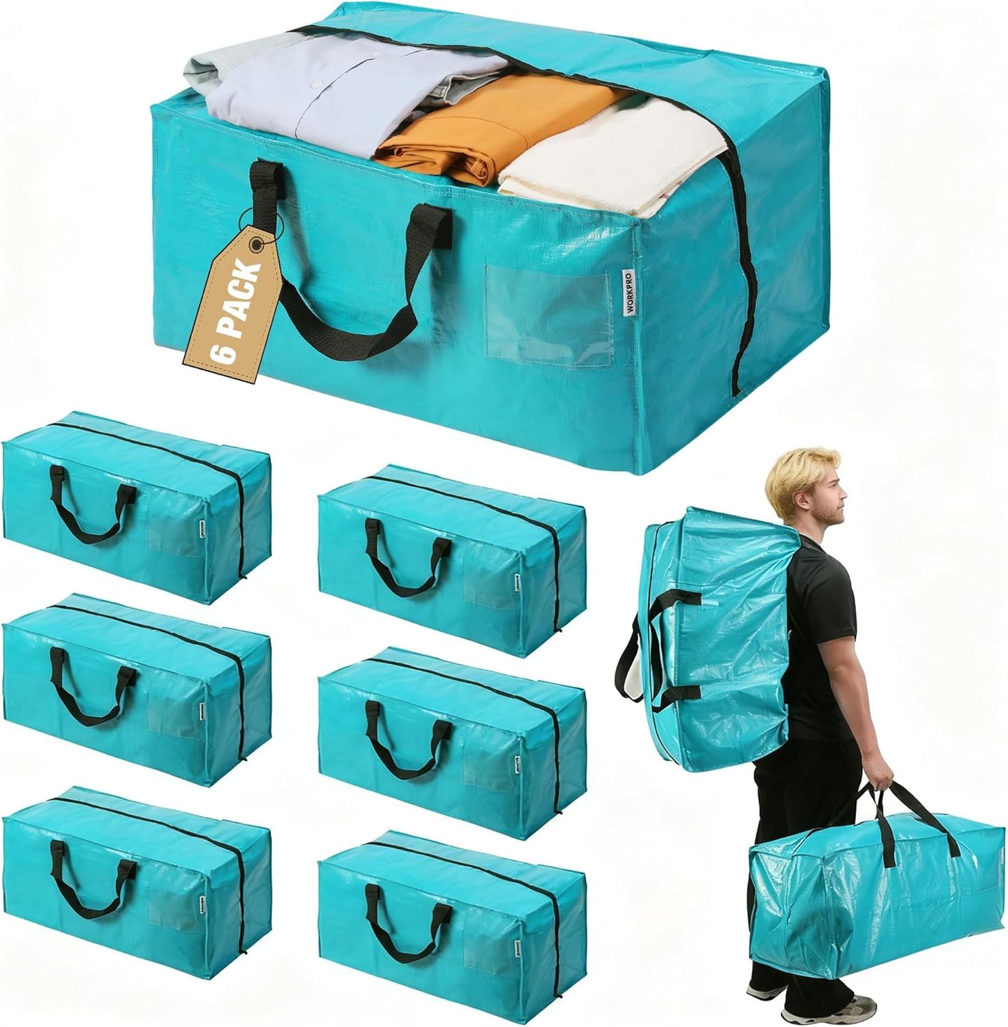 WORKPRO 6 Pack Extra Large Moving Bags with Zippers & Carrying Handles Backpack Straps, Heavy-Duty Storage Tote for Space Saving Moving Storage (Blue)