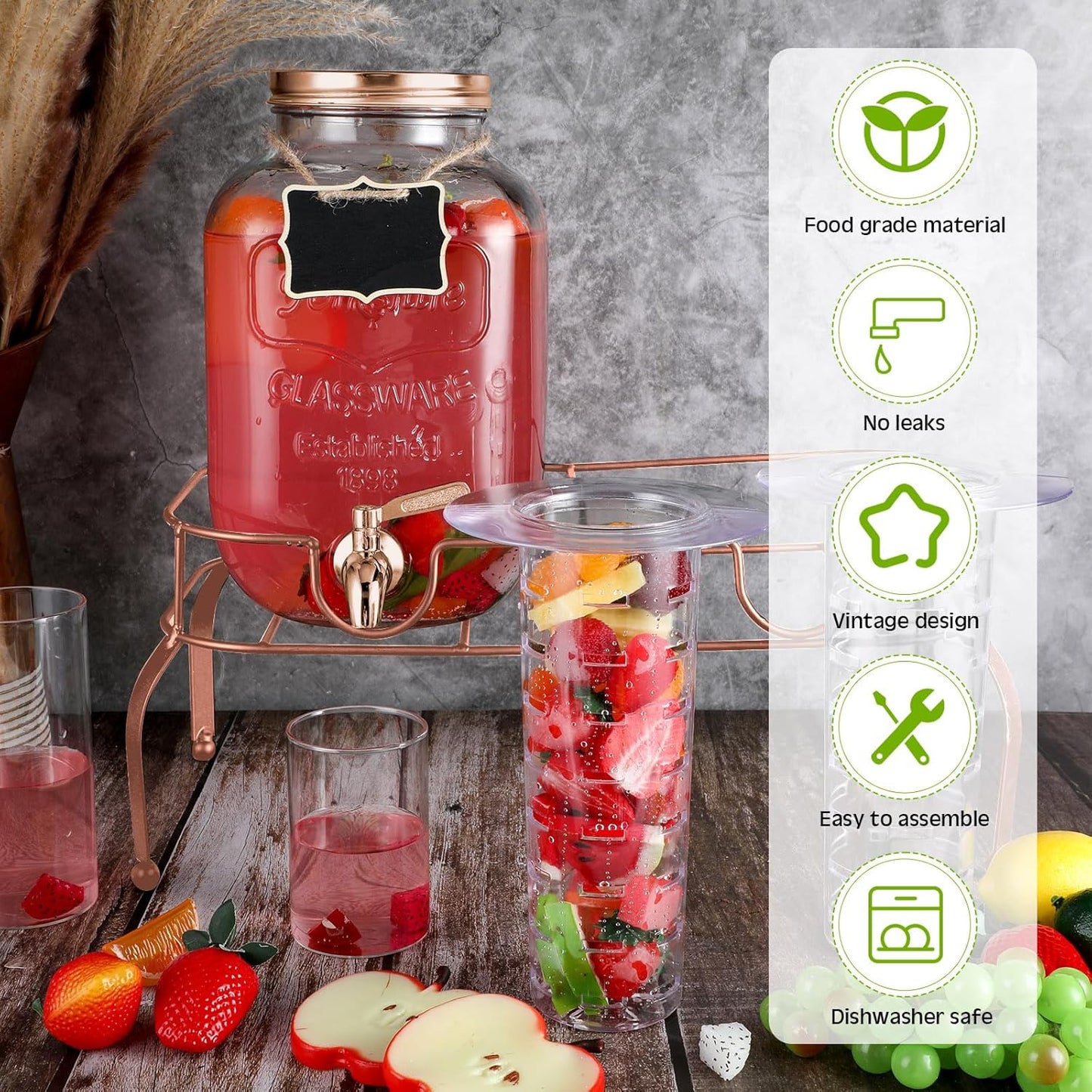 Lallisa 2 Pcs 2 Gallon Glass Drink Dispenser with Stand Ice Cylinder Hanging Chalkboard Signs 18/8 Stainless Steel Spigot Beverage Dispensers for Parties Mason Jar Drink Lemonade (Rose Gold)