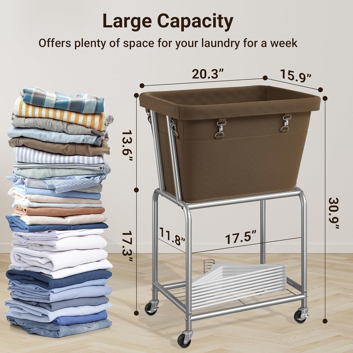 ELYKEN Laundry Cart with Wheels, Rolling Laundry Hamper with Removable Bag and Shelf, Metal Frame Laundry Basket with 4 Casters and 2 Brakes, Ideal for Bedroom, Bathroom, Laundry Room, Camel Brown
