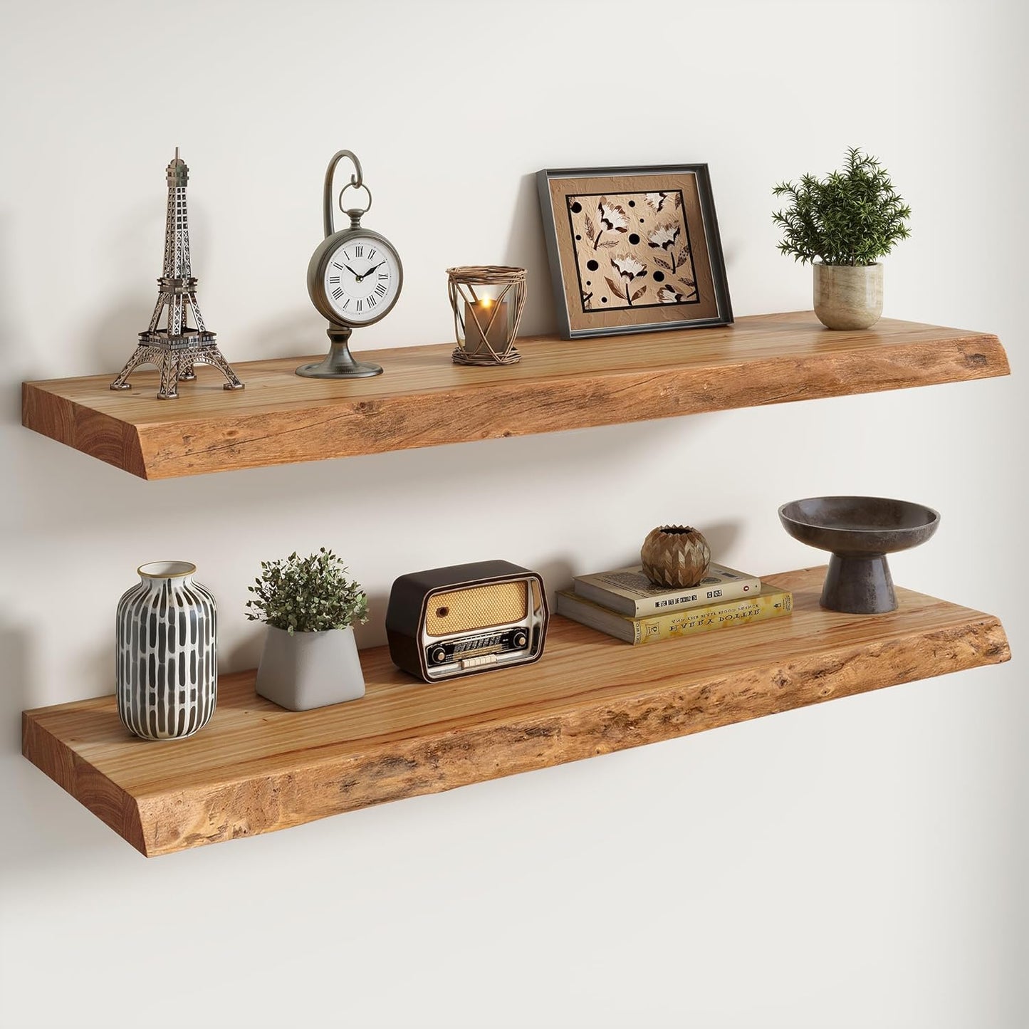 RICHFOCUS Live Edge Elm Floating Shelves - 40" W x 9.3" D Rustic Solid Wood Wall Shelves with Invisible Bracket, Wall-Mounted for Living Room, Bedroom, Kitchen Storage & Display, Set of 2, Natural