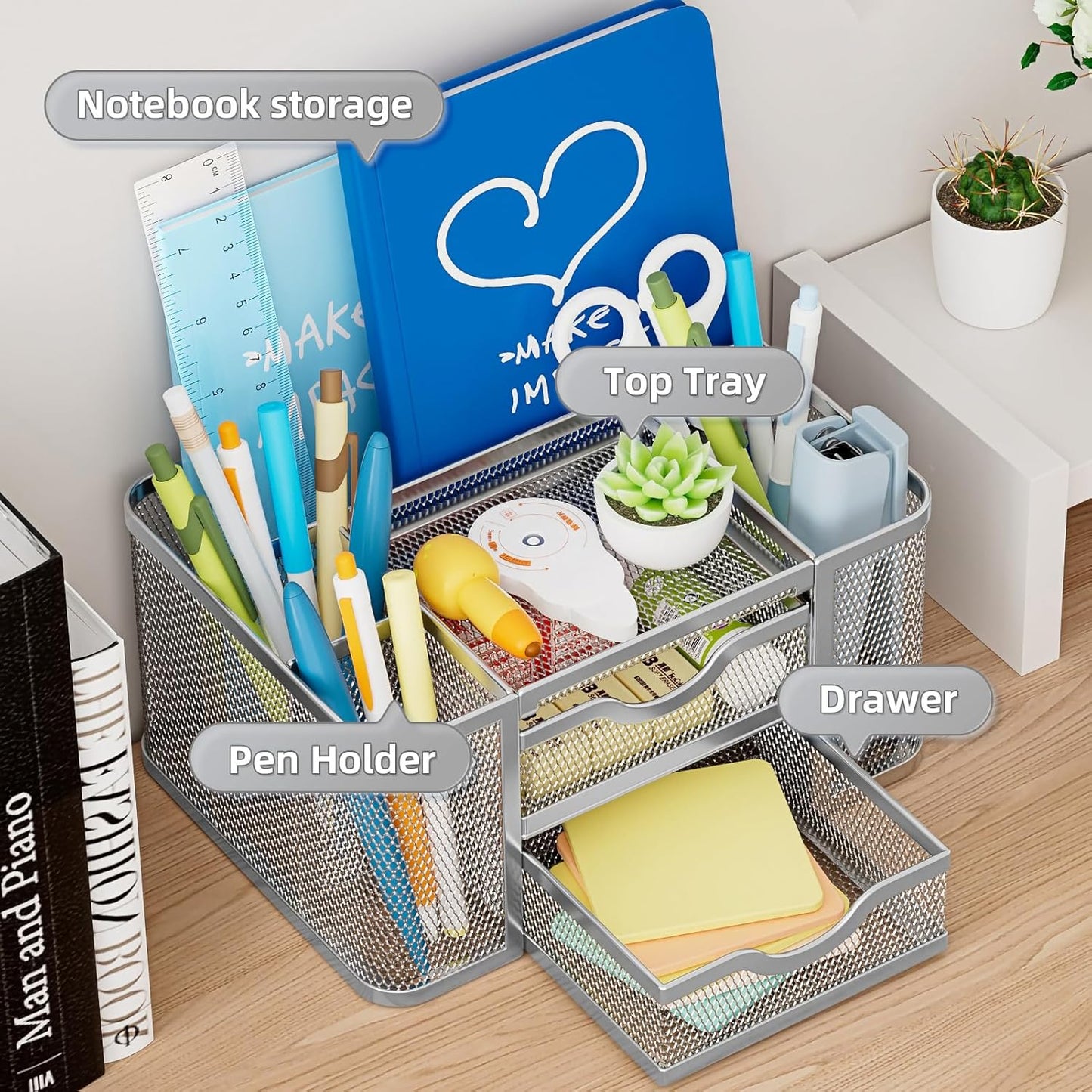 Marbrasse Mesh Desk Organizer, Pen Organizer with 2 Drawer, Multi-Functional Pencil Holder, Desk Organizers and Accessories with 5 Compartments + Drawer for Office Art Supplies (Silver)