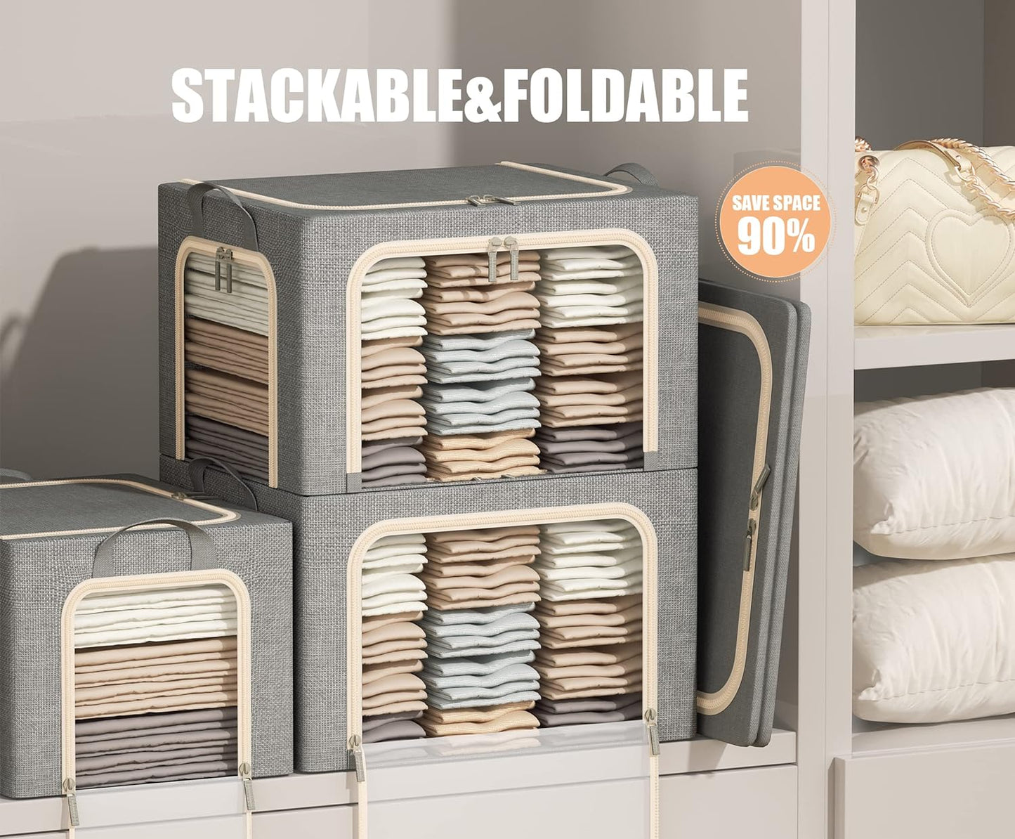 3 Opeings Large Clothes Storage Bins with Metal Frame, Foldable Storage Bin for Clothes, Clothing Storage Bins with Lid, Linen Storage Box With Clear Window＆ Zippers＆ Handles.(3 Pcs,Light Grey,66L)