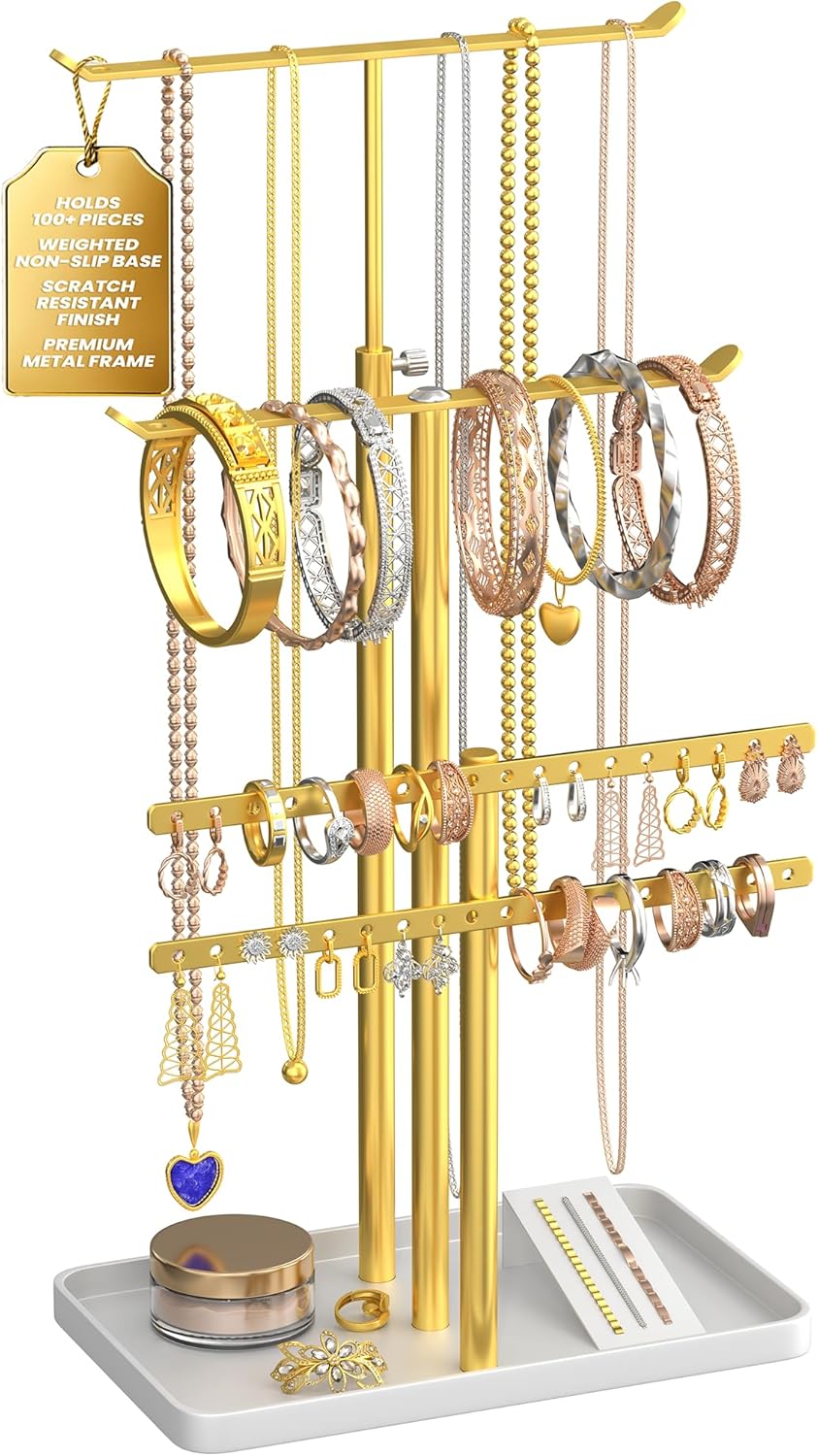 Jewelry Tower Stand Organizer for Women - Elegant Jewelry Holder Display with Necklace Holder, Earring Organizer & Bracelet Rack - Tabletop Jewelry Stand for Dresser, Vanity, Desk