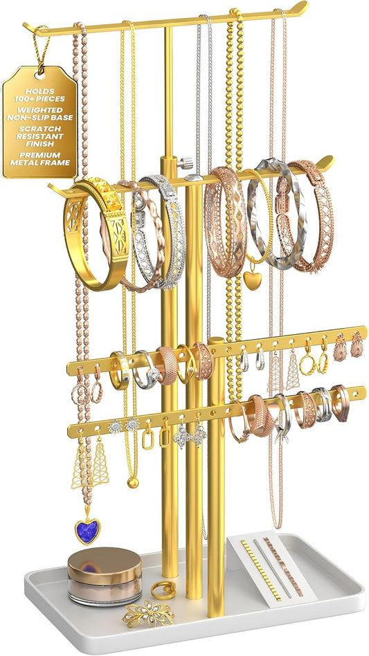 Jewelry Tower Stand Organizer for Women - Elegant Jewelry Holder Display with Necklace Holder, Earring Organizer & Bracelet Rack - Tabletop Jewelry Stand for Dresser, Vanity, Desk