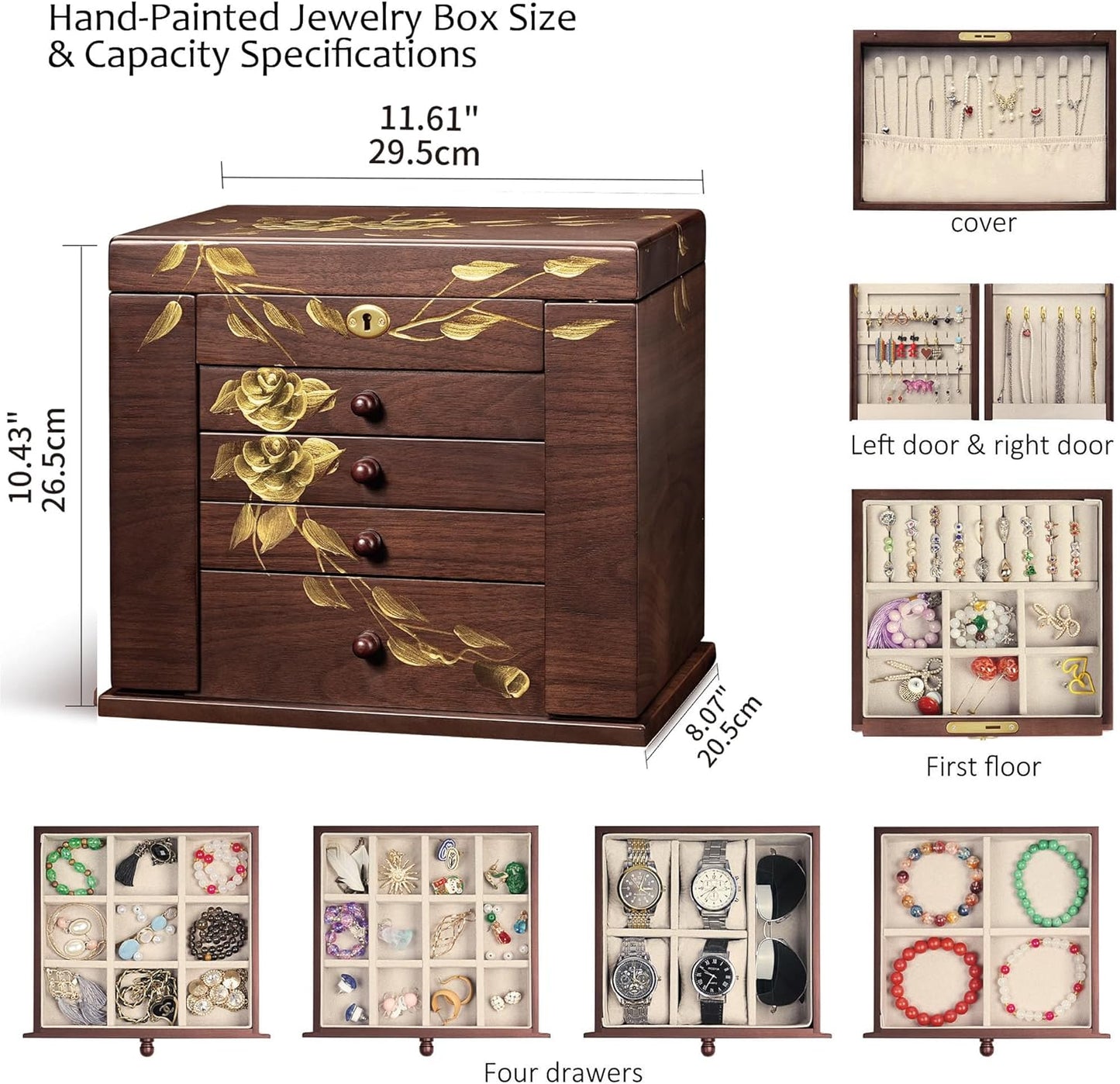 Hand-Painted Wooden Jewelry Boxes for Women - 8-Layer Large Lockable Jewelry Box with Compartments, Dresser Top Jewelry Organizer, Vintage Wooden Jewelry Storage