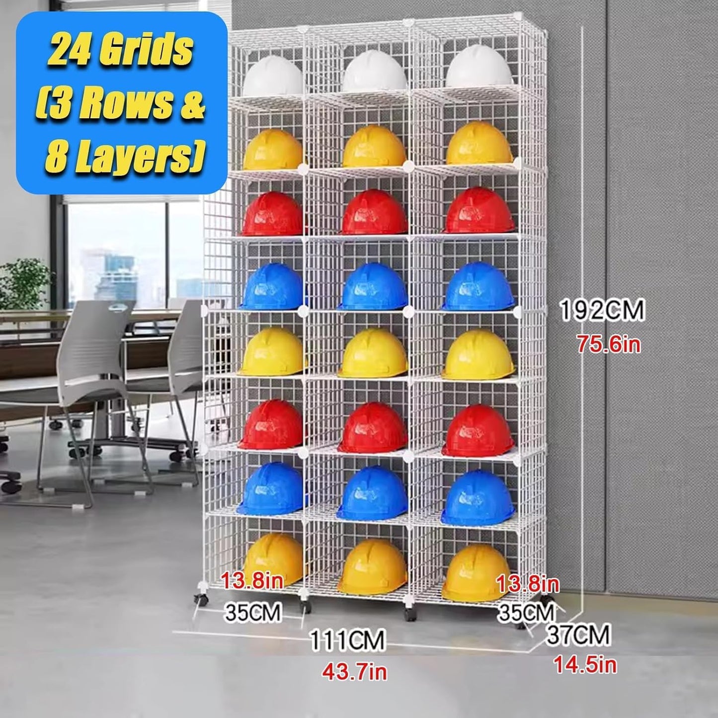 Stackable Safety Helmet Storage Boxes, Large Adjustable Hard Hat Placement Organizer Rack,with Wheels,for Construction Site/Garage/Workshop/Factory Helmet Display Shelf (White, 24 Grids-3 * 8)