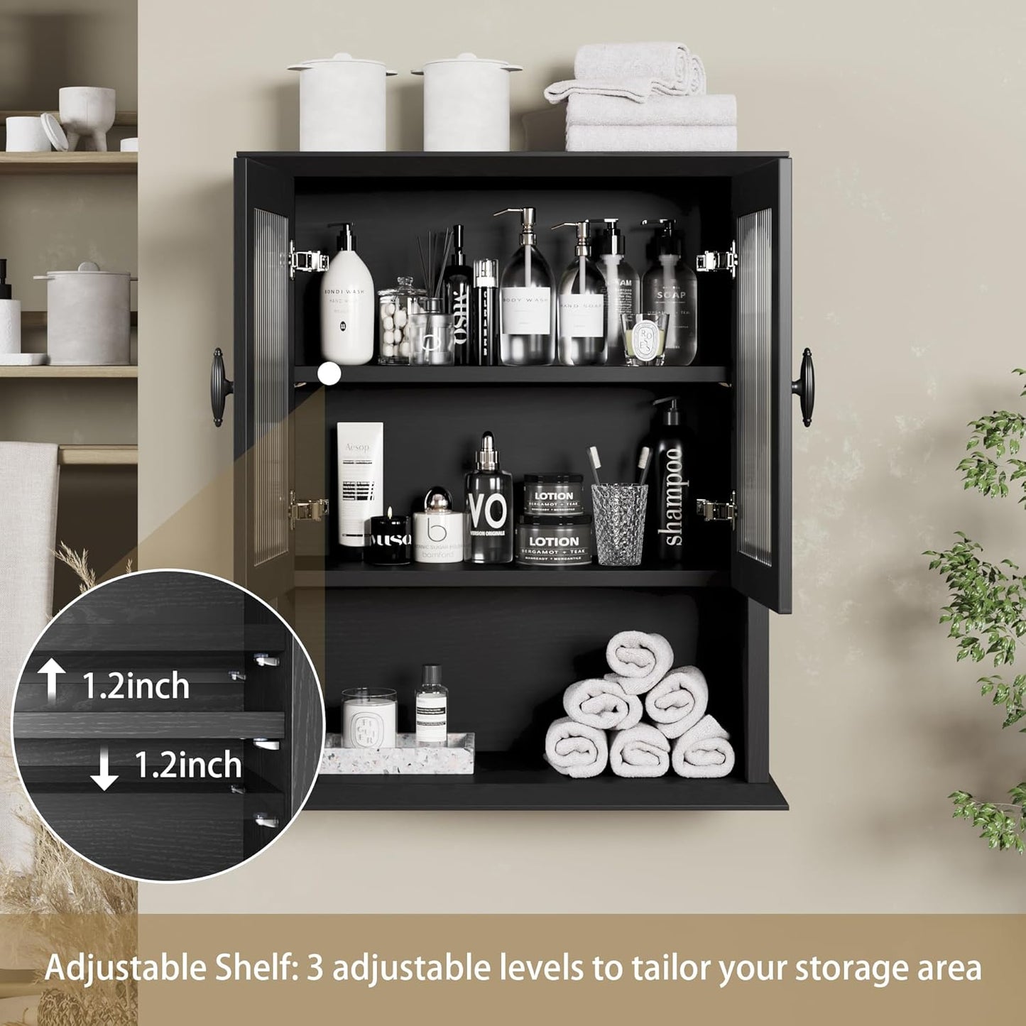 CJL Bathroom Wall Cabinet with Fluted Door, 18.9'' x 23.6'' Medicine Cabinet, Over The Toilet Storage Cabinet, Black