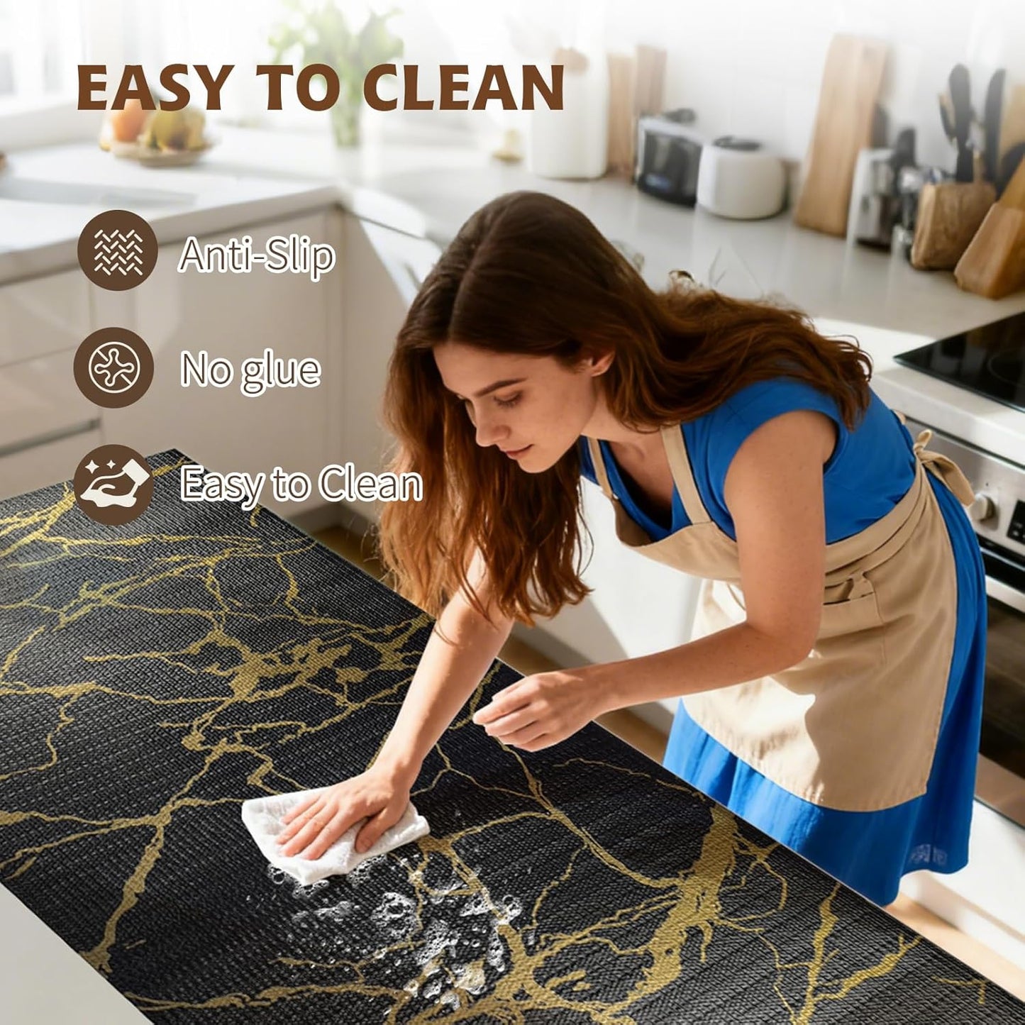 2-Layer Drawer and Shelf Liner for Kitchen Cabinet: 17.3in X 20Ft Non Slip Waterproof Shelf Paper Non Adhesive Refrigerator Liners Black/Gold Marble Easy Liners for Bathroom with Knife Tape Measure