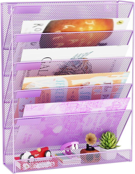 Wall File Organizer Holder Mesh Hanging Paper Document Holder, Vertical 6 Pocket Tier for Office Home, Light Purple