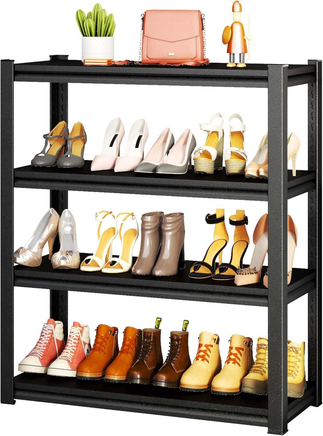 Storage Shelves, Garage Metal Shelving Unit, Adjustable, Double-Layer Column with Reinforced Ribs, Heavy-Duty, Capable of Bearing 600-3600 lbs (Black, 47''W*24''D*54''H, 4-Tier)