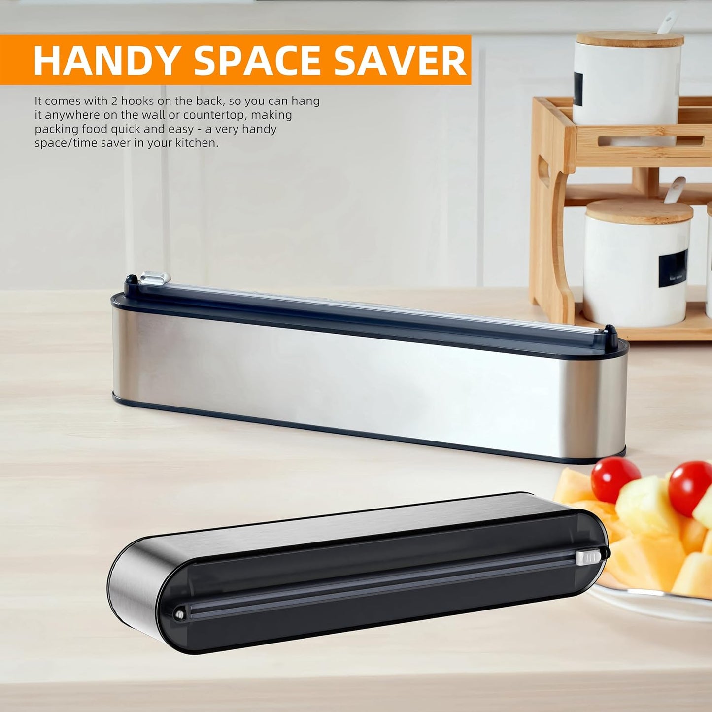 Aluminum Foil & Plastic Wrap Dispenser with Cutter - Magnetic & No-Drill Wall Mount, Stainless Steel Design, Space-Saving Kitchen Organizer for Worktops & Cabinets - Fits 12" Rolls, Silver