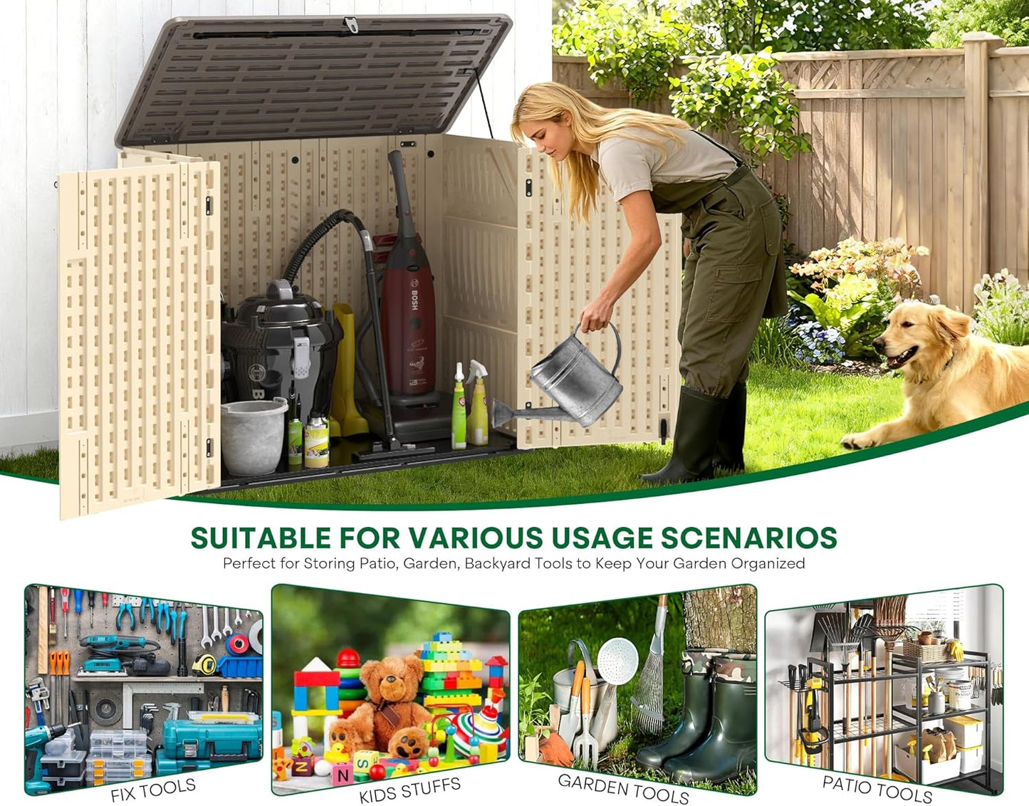 30 Cu.Ft Outdoor Storage Shed, Multi-Purpose Weather-Resistant Utility Shed for Garbage Cans, Lawn Mower, Garden Tools, Waterproof Resin Horizontal Cabinet with Pad-Lockable Doors (Khaki)