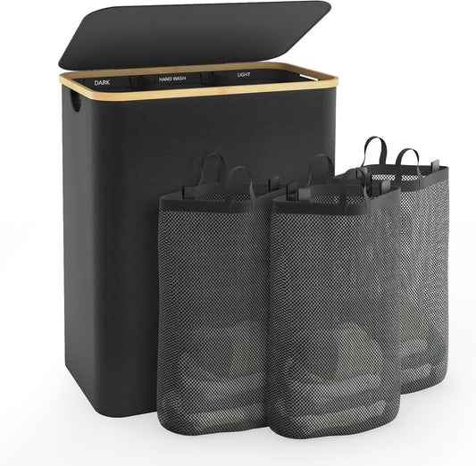 Hampers for Laundry Basket with Lid, 145L Extra Large 3 Section Clothes Divided Organizer for Bedroom, Laundry Room, Dirty Clothing Hamper, Black