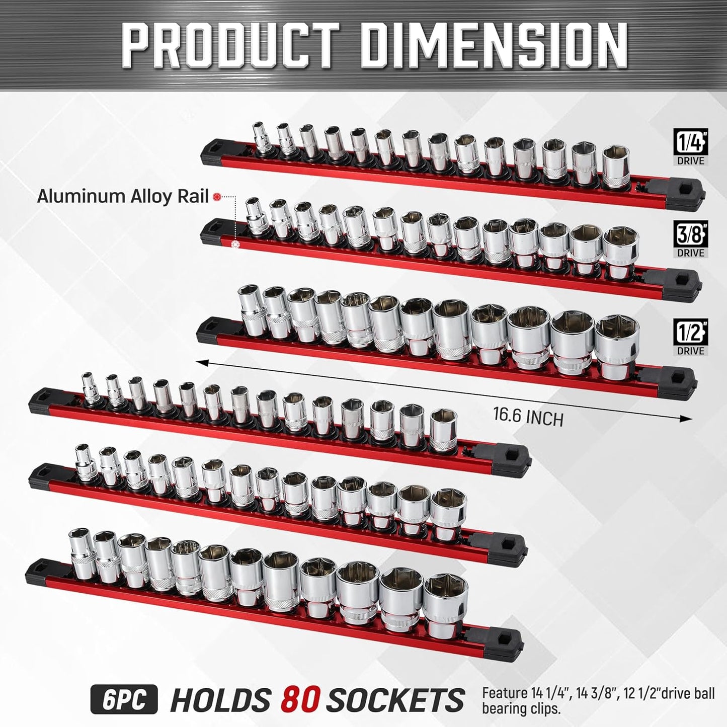 ALOANES 6-Piece Magnetic Socket Organizer, Heavy Duty Aluminum Socket Rails Organizer, 360° Swivel Clips Socket Holder Kit for Tool Box, 1/2, 3/8, 1/4-Inch Socket Holder x 80 Clips (Red)