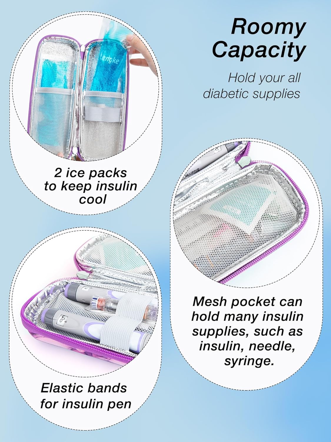 Leng Ke Upgraded Insulin Travel Case - EVA Travel Insulin Cooler Case TSA Approved with 2 Ice Packs, Portable Travel Medicine Cooler Bag for Insulin Pen and Blood Glucose Monitor Supply (Mable Purple)