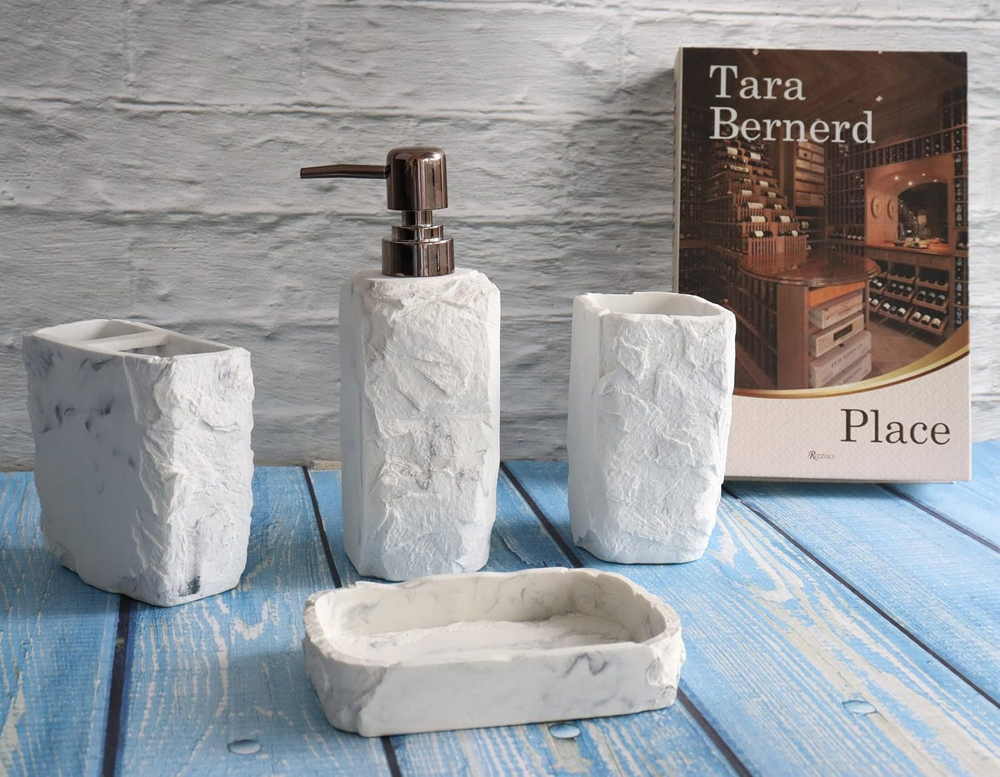 Hymmah Marble Bathroom Accessories Set,Marble Design Toothbrush Holder,Farmhouse Bathroom Decor,4 Pcs Resin Gift Set Apartment Necessities, Contain Toothbrush Cup,Soap Dispenser,Soap Dish,Tumbler