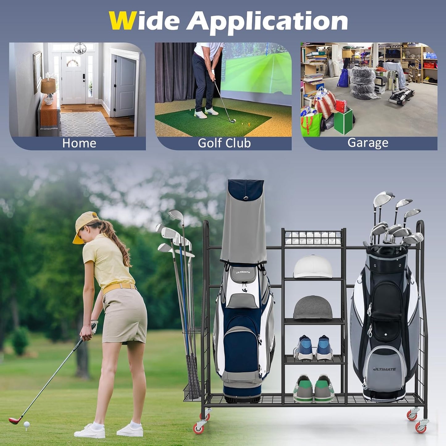 GYMAX Golf Bag Organizer, Golf Storage Garage Organizer with Lockable Wheels & Golf Club Side Pockets, Extra Large Golfing Equipment Rack for Golf Accessories Garage Organizer