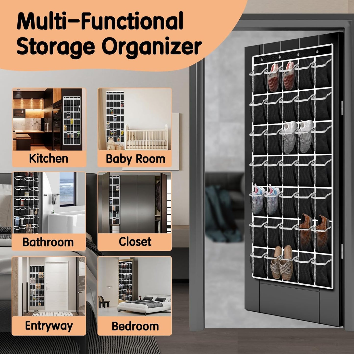 35 Compartment Over The Door Storage - Breathable Mesh Hanging Organizer with Large Pockets, Space Saving Design for Men & Women's Footwear, Closet, Bedroom- Black
