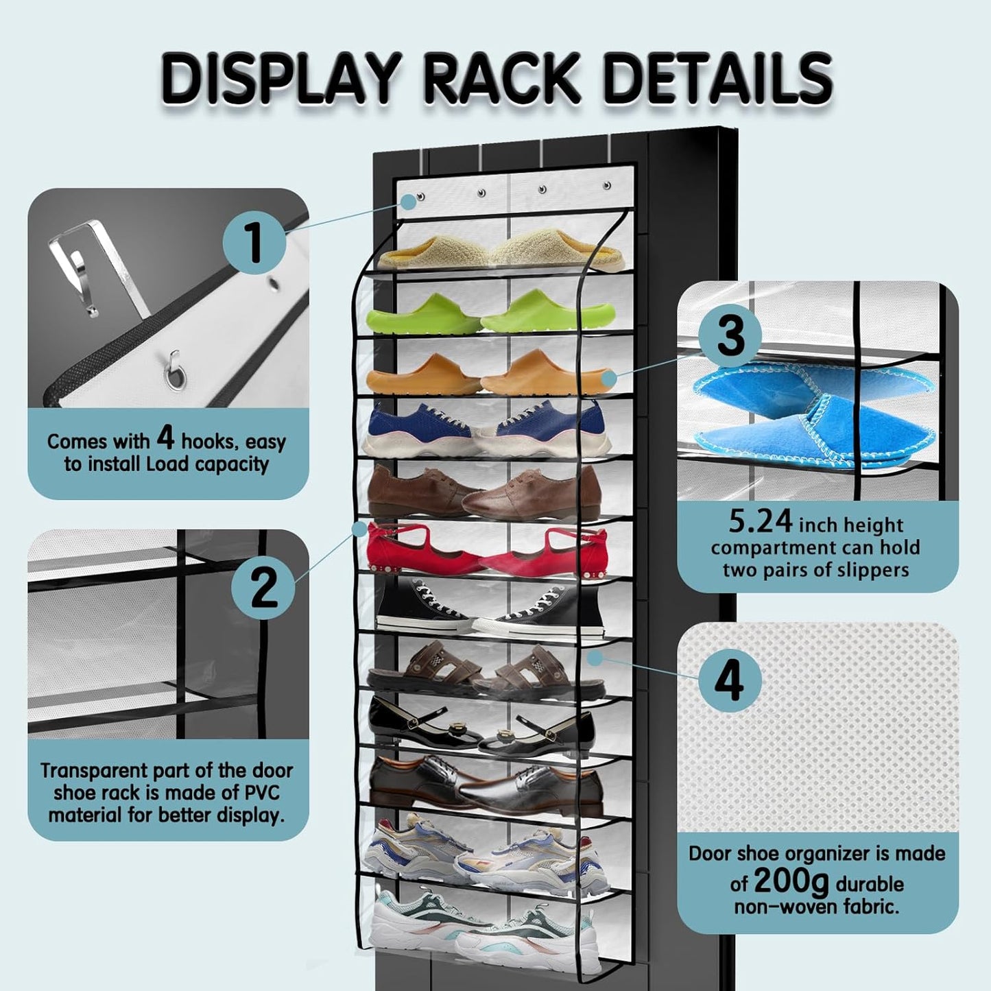 Over The Door Shoe Organizer with 12 Large Breathable Pockets - Durable Hanging Storage for the Entire Family's Shoes - White