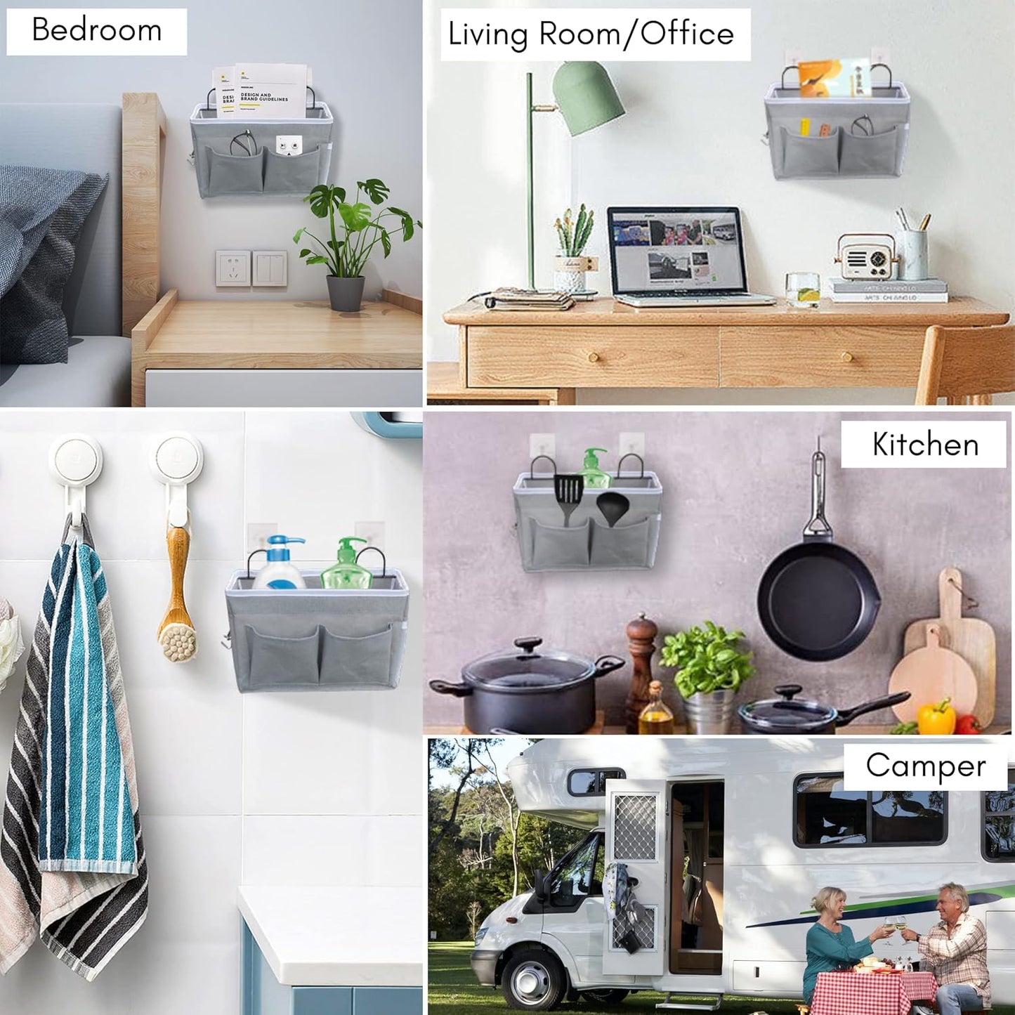 2pcs Middle Wall Hanging Organizer Bag, Linen Fabric Door Hanging Storage Basket with Pockets, Waterproof Bin for Kitchen, Bedroom, Office, RV Camper (Gray)