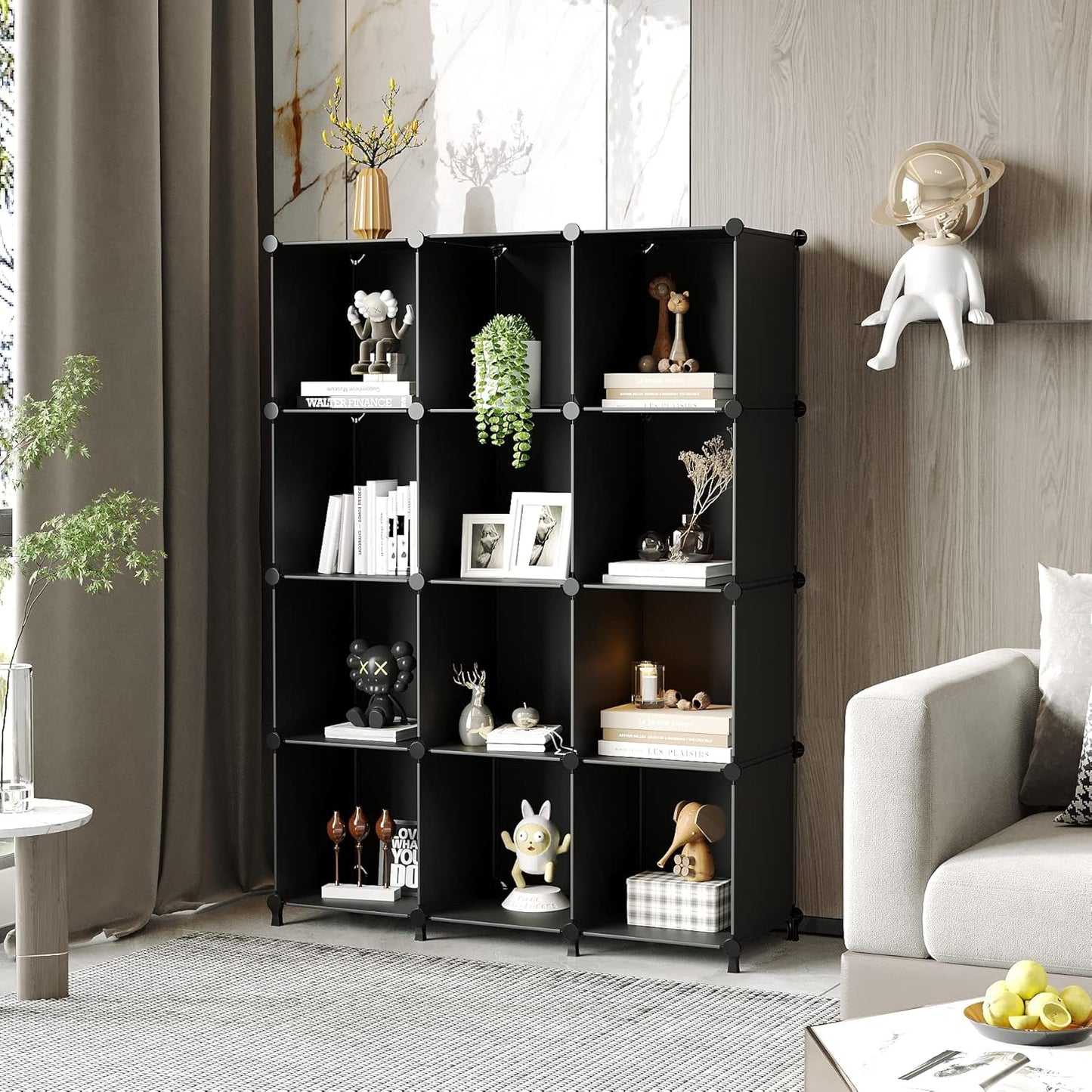AWTATOS Cube Storage Organizer Closet Storage Shelves DIY Stackable Plastic Storage 12 Cube Bookshelf, Ideal Storage Organizer for Closet, Home, Bedroom, Black