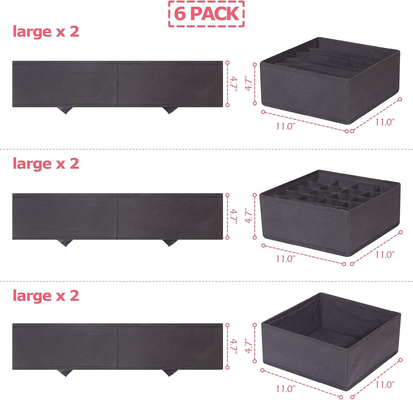 DIOMMELL 6 Pack Foldable Cloth Storage Box Closet Dresser Drawer Organizer Fabric Baskets Bins Containers Divider for Clothes Underwear Bras Socks Lingerie Clothing, Dark Grey 22-2000
