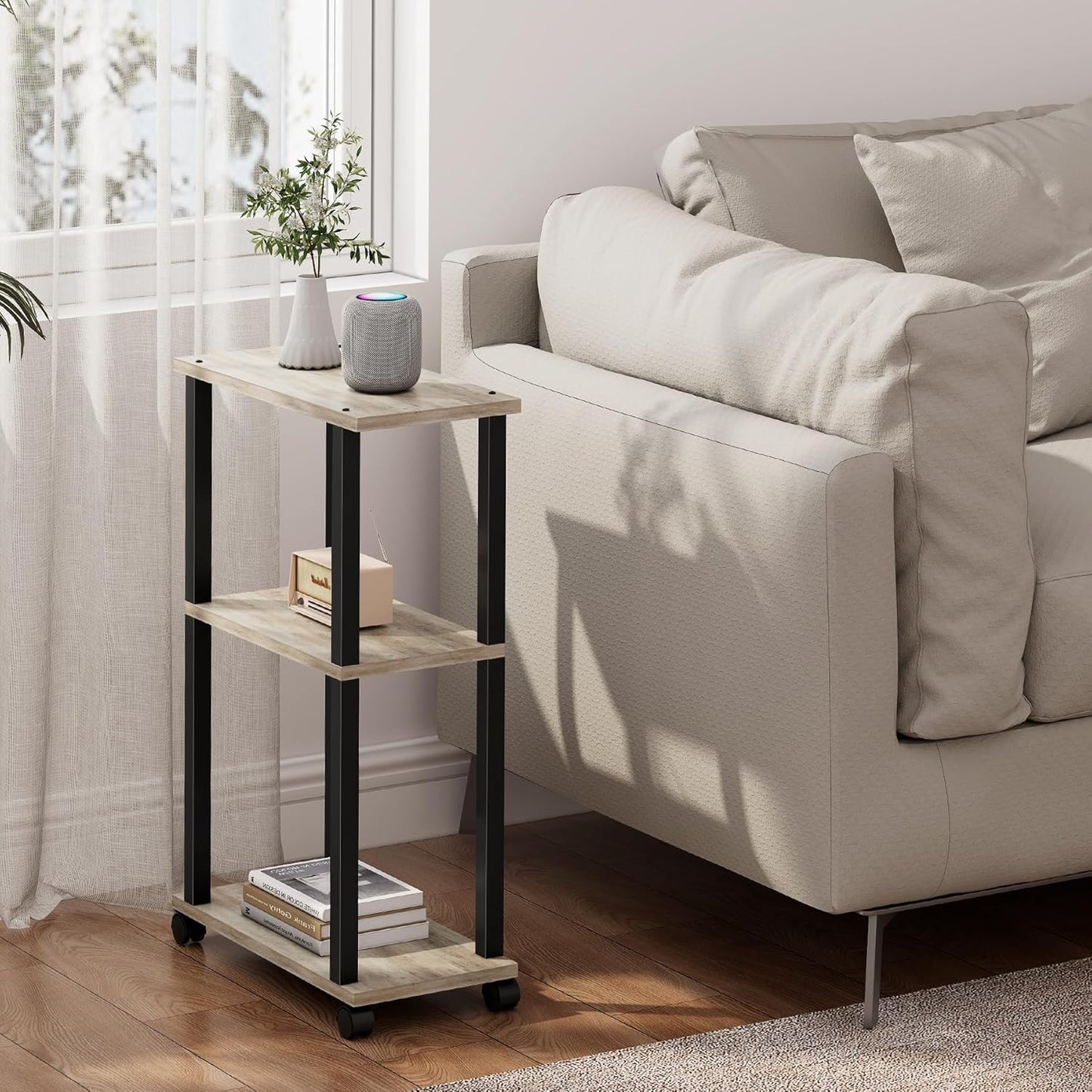 TUTOTAK Small Side Table, Narrow End Table, Bedside Table, Couch Side Table with Wheels for Living Room or Bedroom, Greige TB01BG061