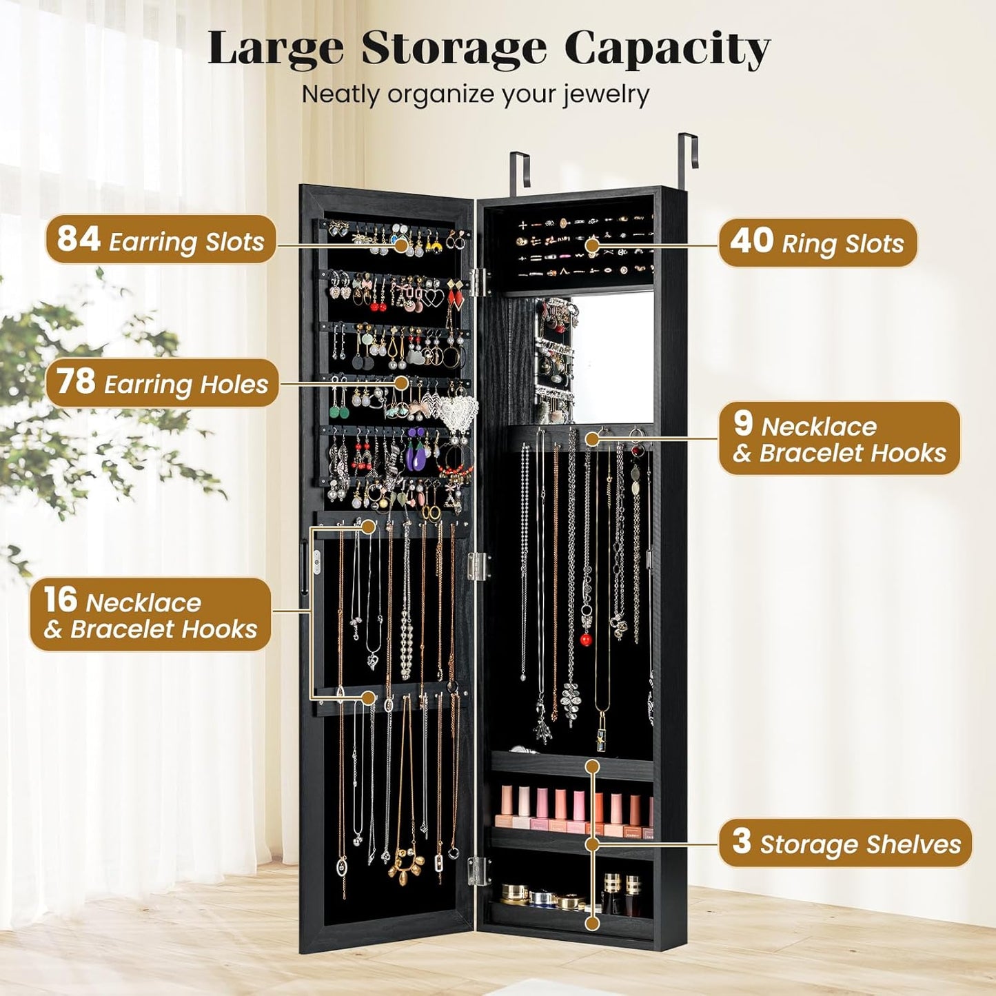 Giantex Wall Mounted Jewelry Cabinet with Full Length Mirror, Over The Door Jewelry Armoire Organizer with Large Storage, Makeup Mirror & Velvet Lining (Black)