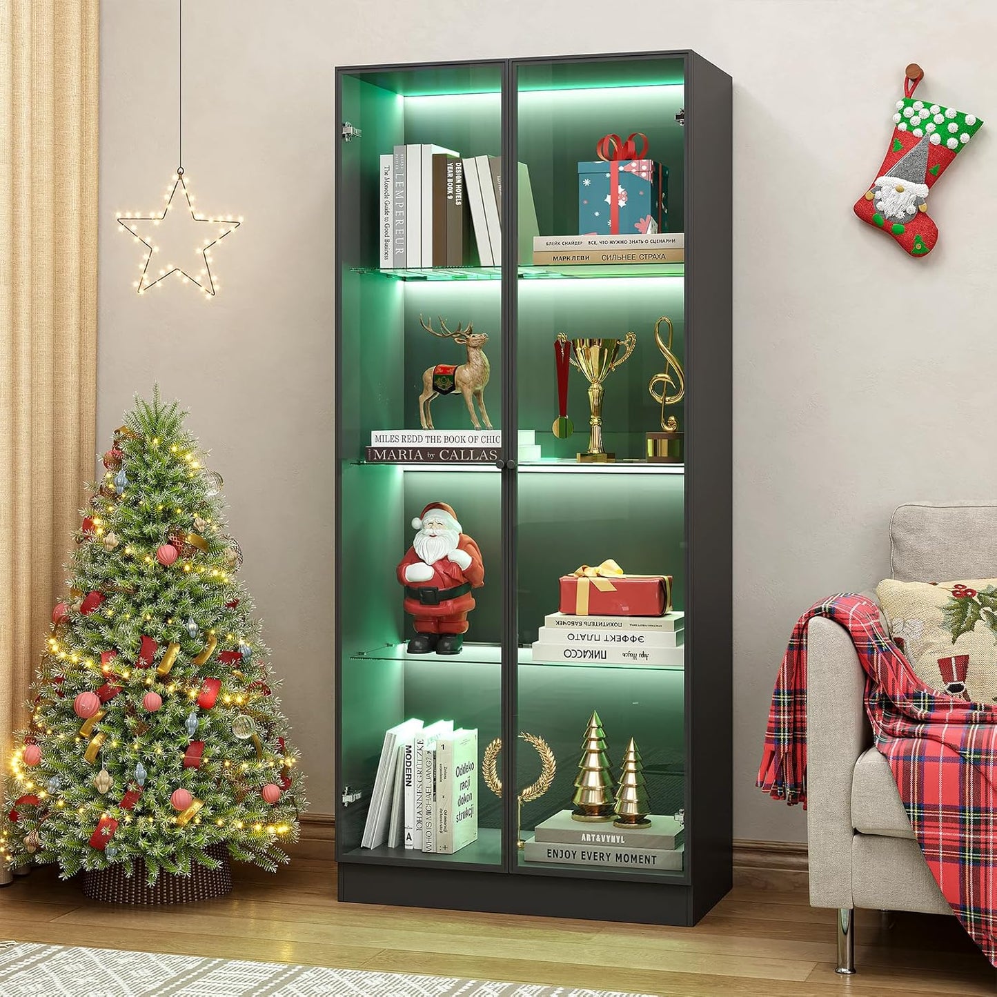Display Cabinet with LED Lights, Display Case with 4-Tier Glass Shelves & 2 Glass Doors, Curio Cabinet for Collectibles, Living Room