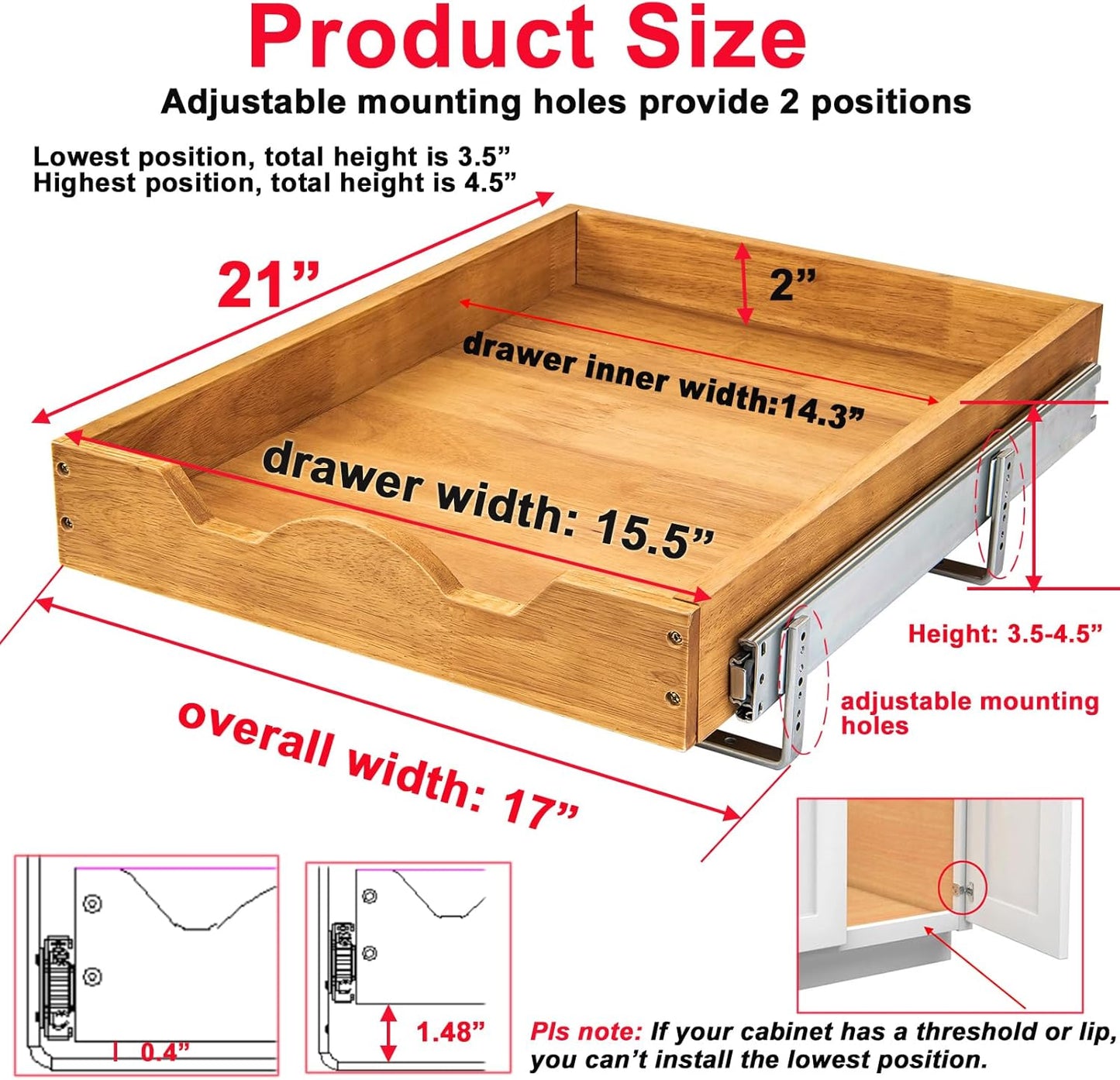 DINDON 1 Tier Pull Out Cabinet Organizer (17"W x 21"D) Single Tier Heavy Duty Slide Out Wood Drawer Under Cabinet Shelf Organization Storage