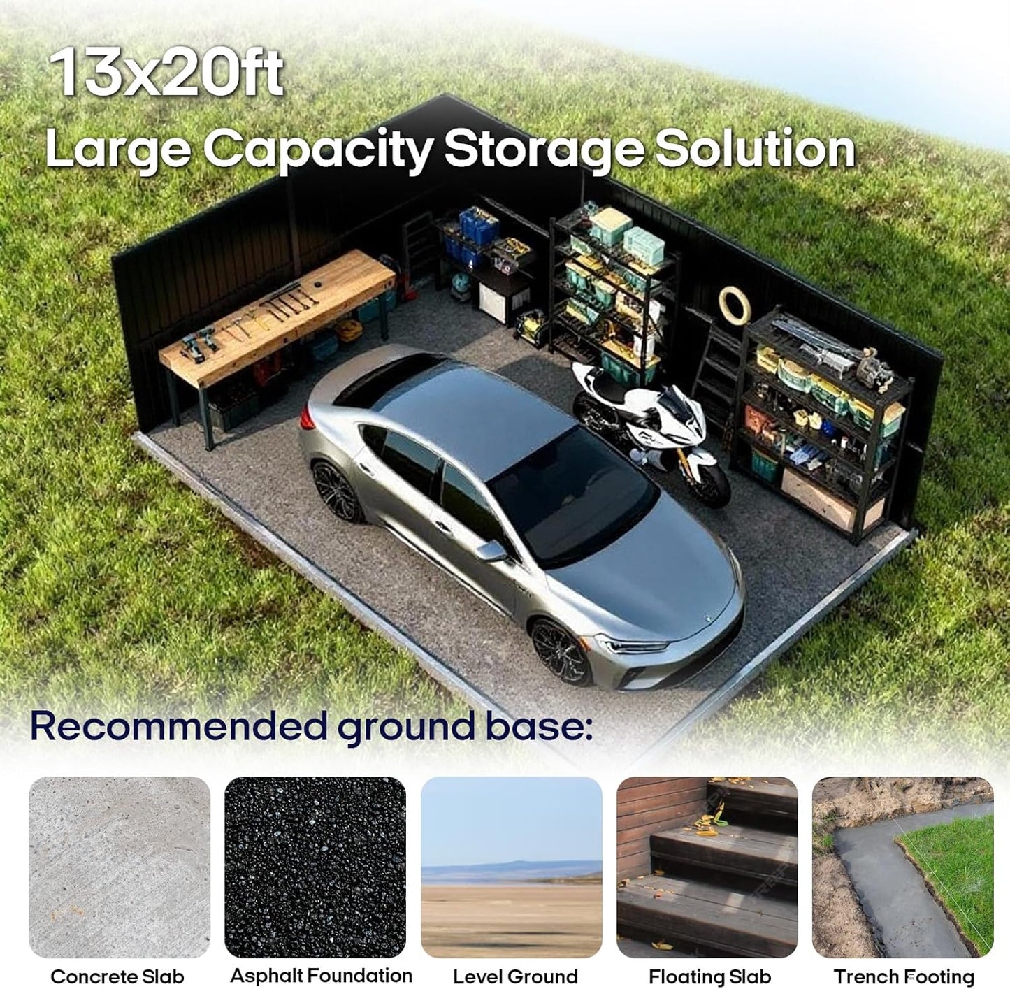 Outdoor Storage Shed 13x20 FT, Sheds & Outdoor Storage Clearance - Metal Garage Shed for Car, Truck, Bike - Backyard Tool House Building with 2 Windows and 2 Translucent Panels