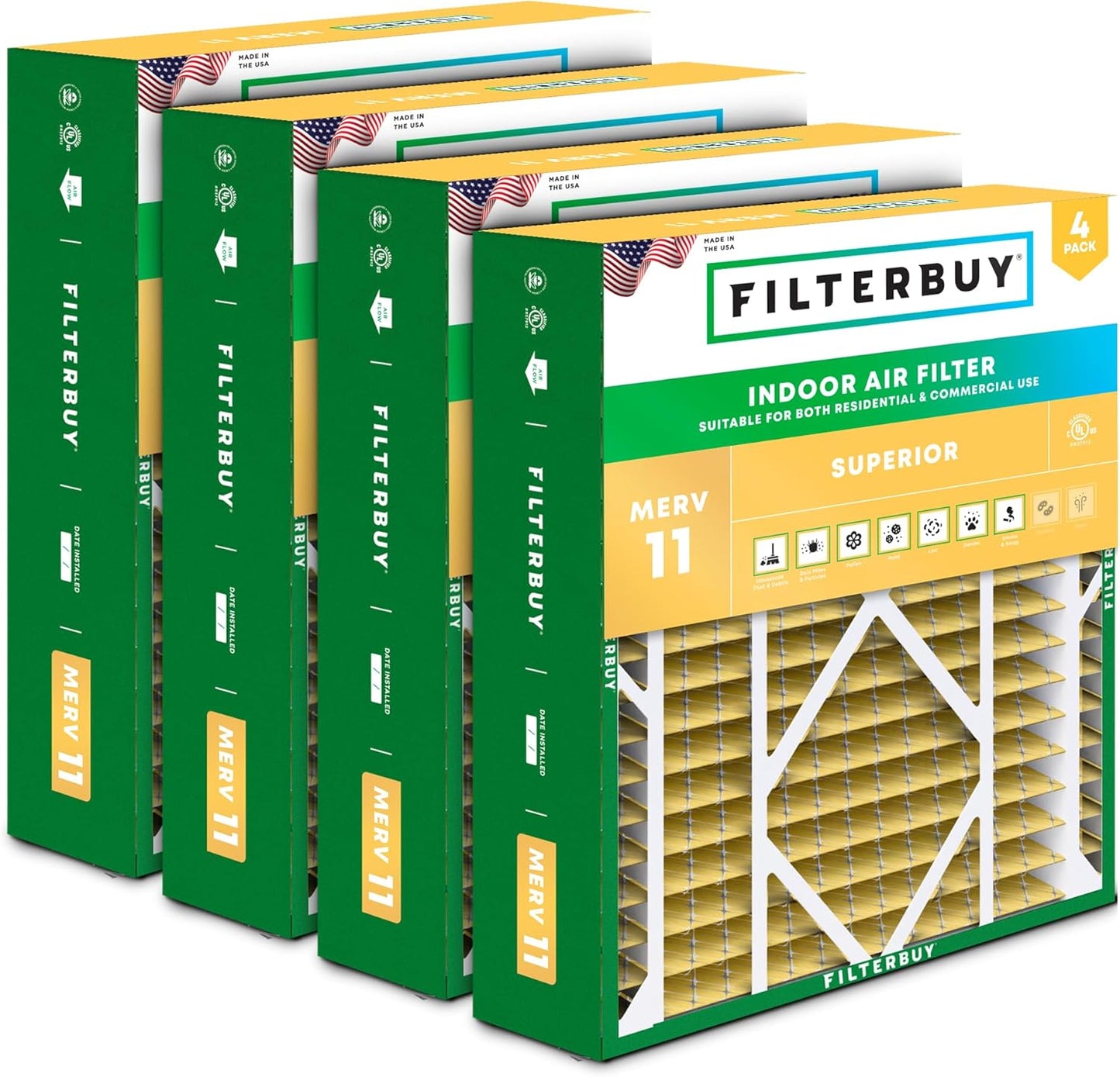 Filterbuy 20x21x5 Air Filter MERV 11 Superior Pet & Allergy Defense (4-Pack), Electrostatic Pleated HVAC AC Furnace Filters Replacement for Lennox and Electro-Air (Actual Size: 19.88 x 20.50 x 4.38)